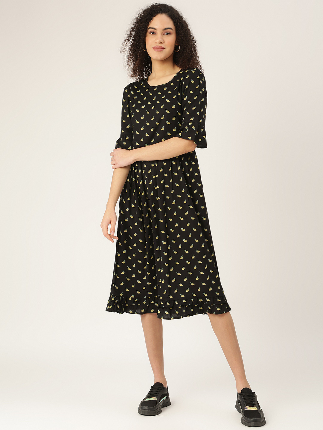 BRINNS Black & Yellow A-Line Midi Dress