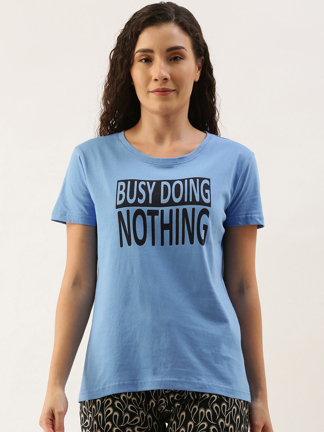 Kryptic Women Blue & Black Pure Cotton Typography Printed Lounge T-shirt