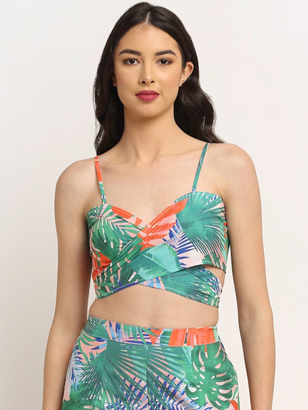 Aoba Women Green & Orange Printed Beachwear Top