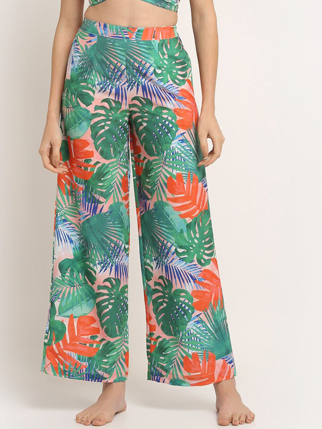 Aoba Women Green & Orange Tropical Printed Swimwear Cover up Trouser
