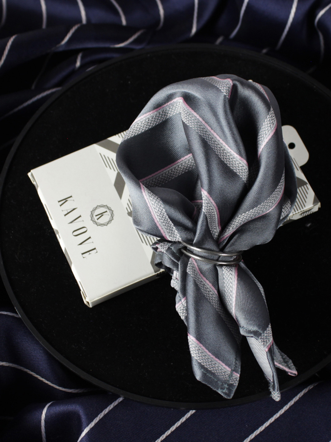 Kavove Men Grey Striped Pocket Square