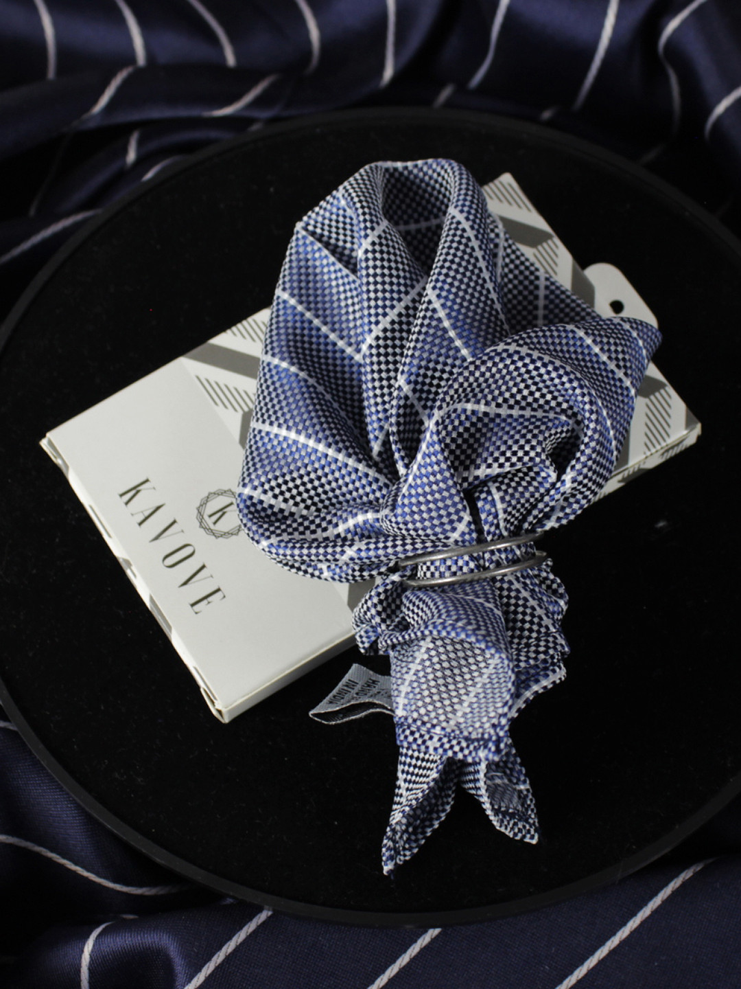 Kavove Men White & Blue Striped Woven-Design Pocket Square
