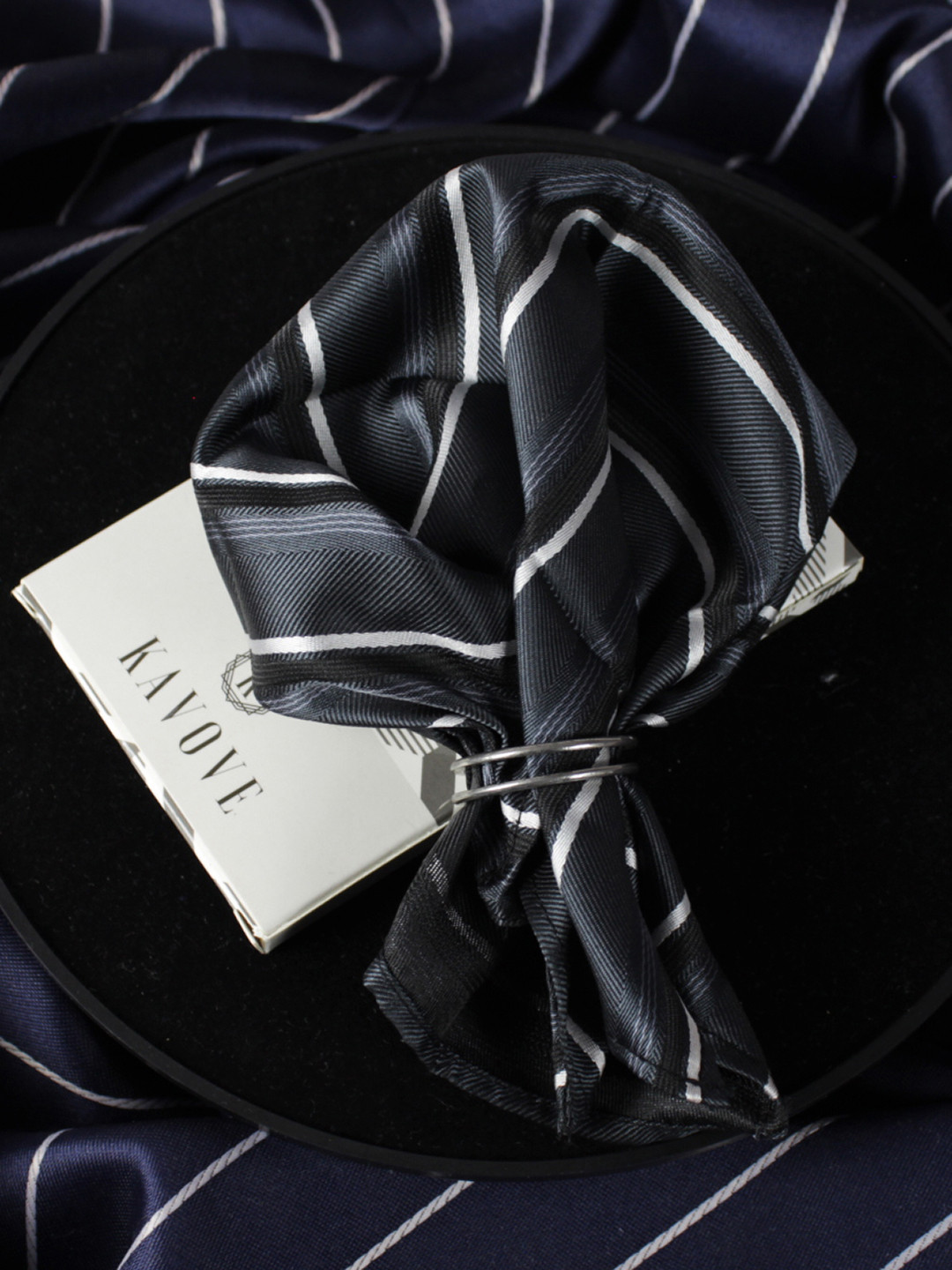 Kavove Men Black & White Striped Woven-Design Pocket Square
