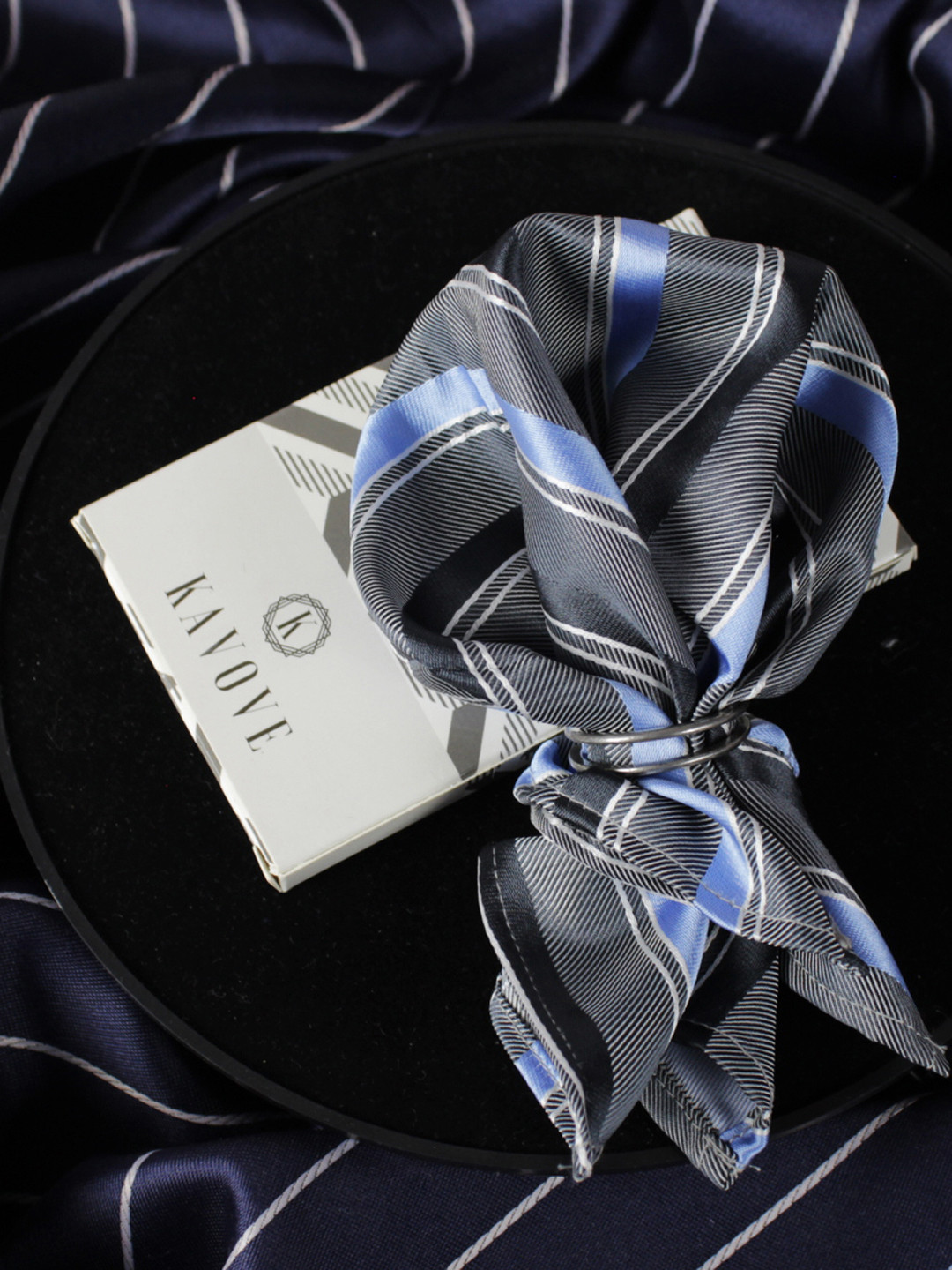 Kavove Men Grey & Blue Striped Woven-Design Pocket Square