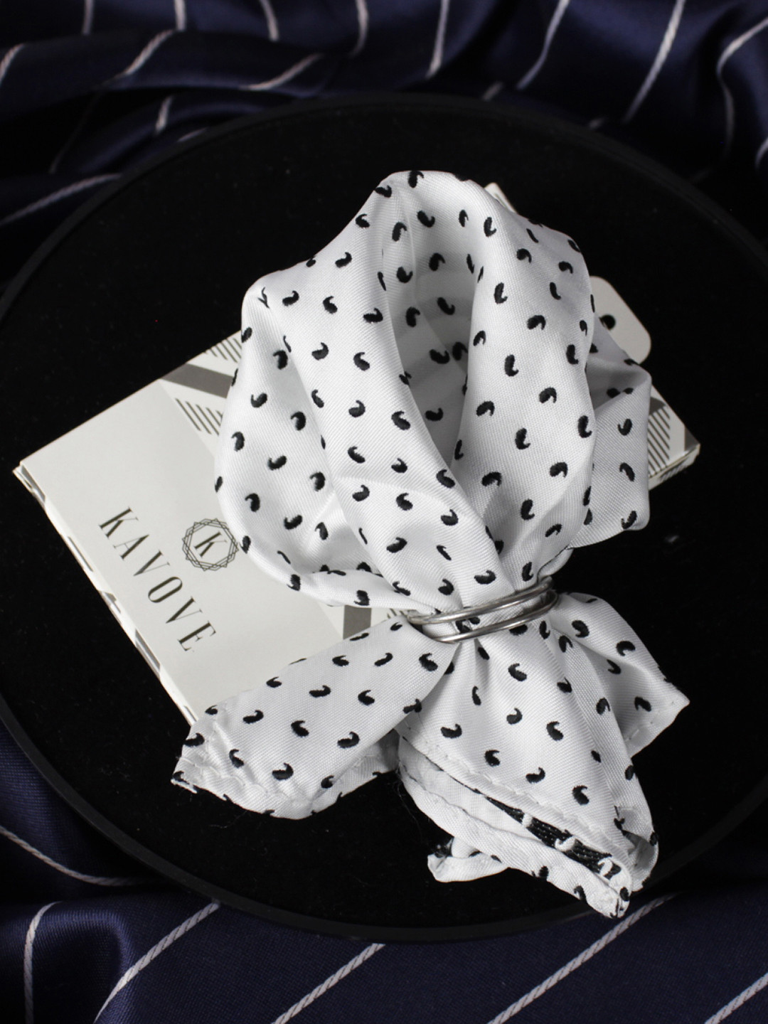 Kavove Men White & Black Paisley Printed Pocket Square