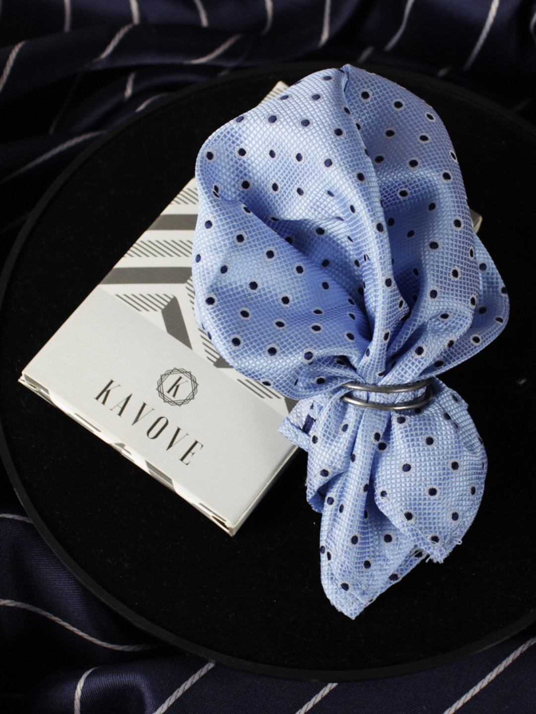 Kavove Men Blue Polka Dot Self-Design Pocket Square