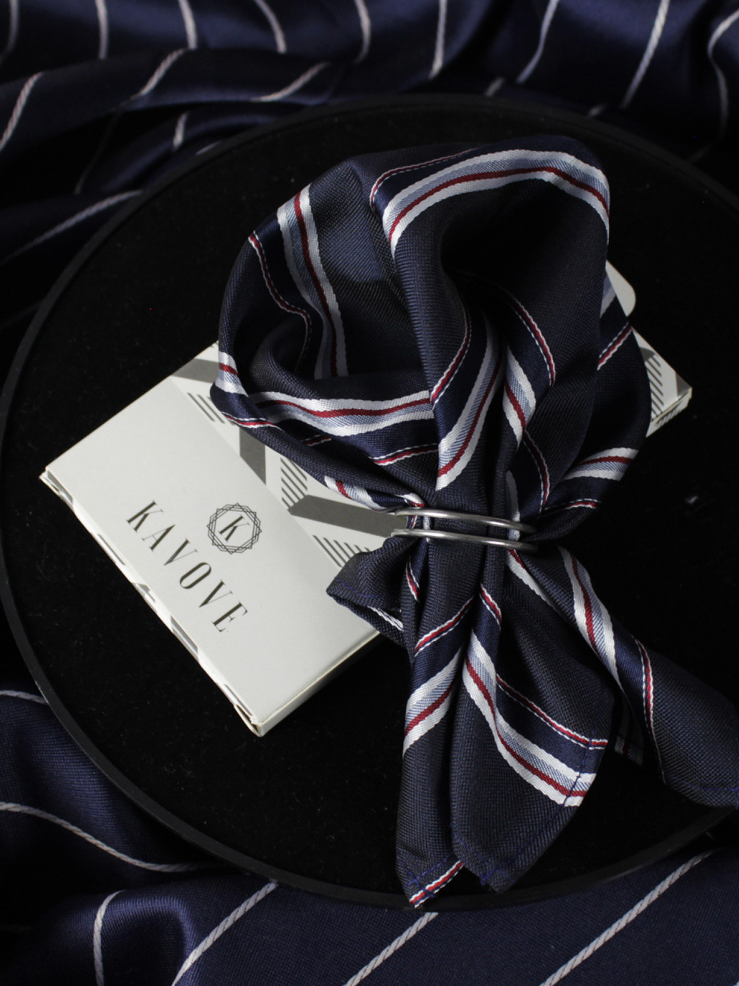 Kavove Men Blue & Red Striped Woven-Design Pocket Square