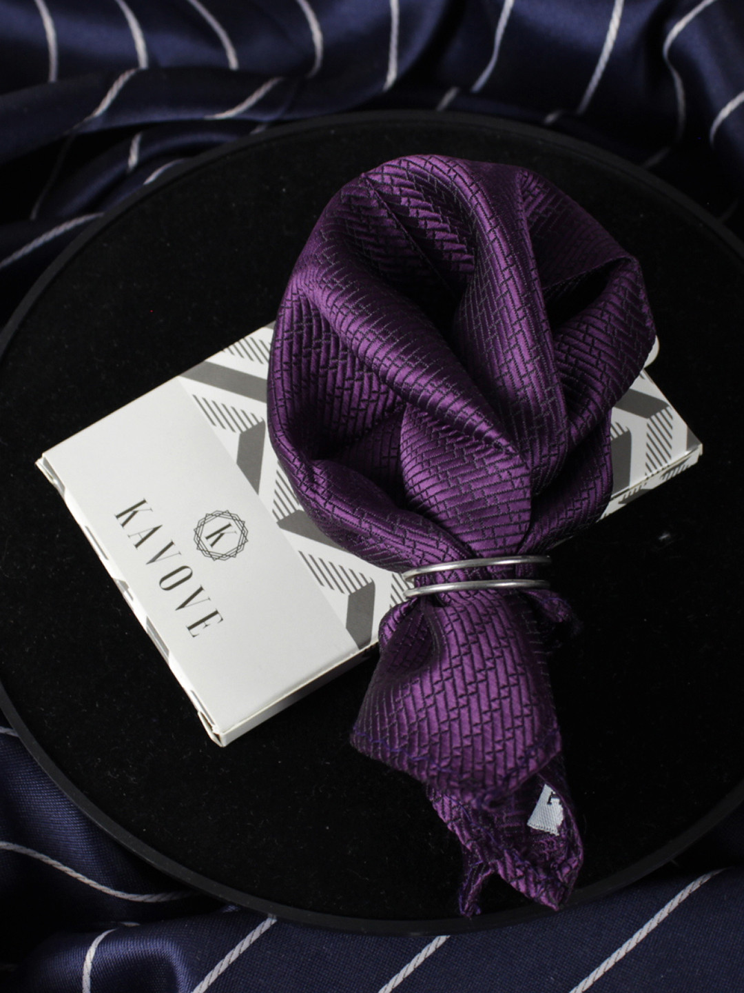 Kavove Men Purple Self Design Pocket Square