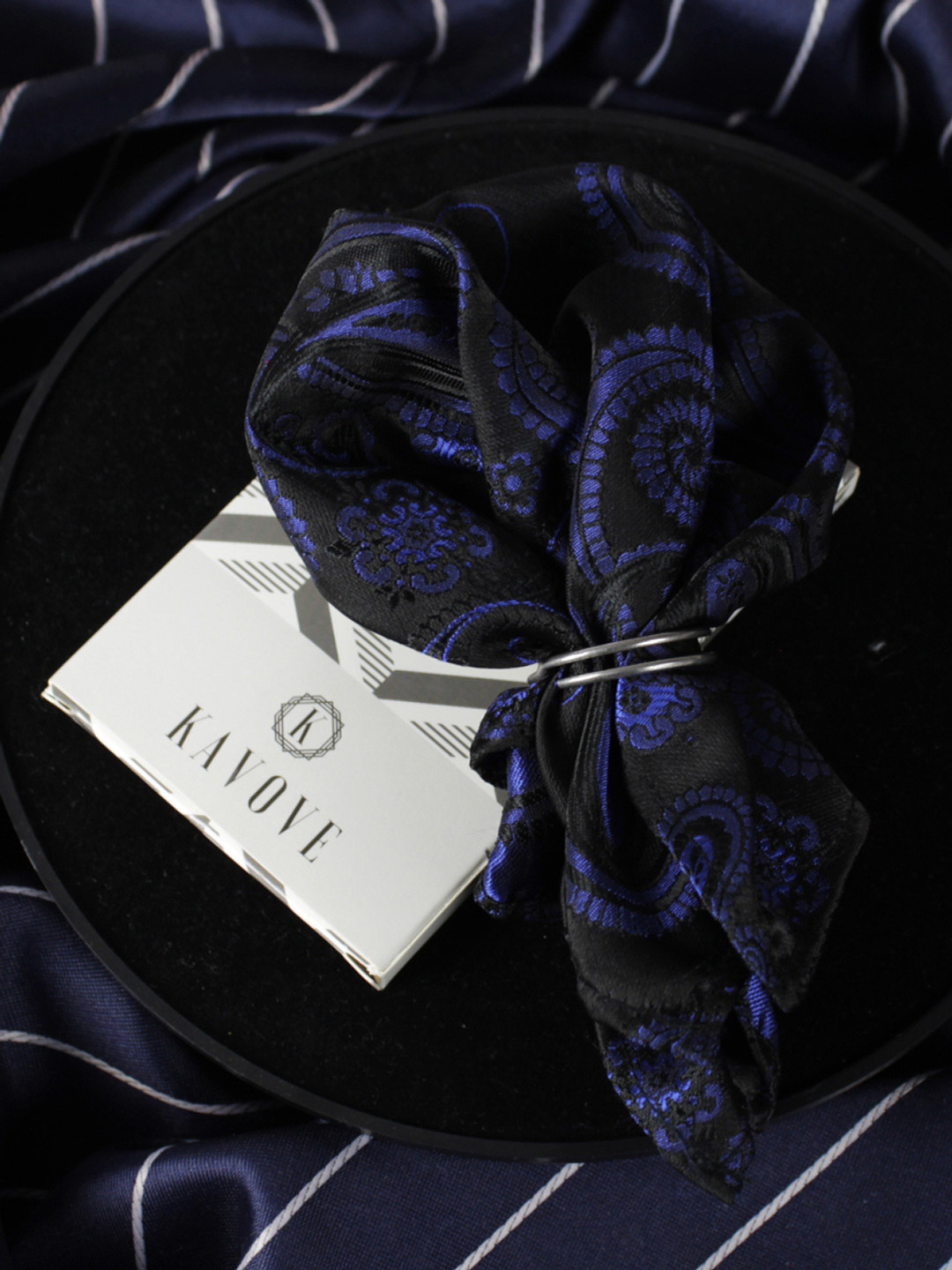 Kavove Men Black & Blue Paisley Printed Pocket Square