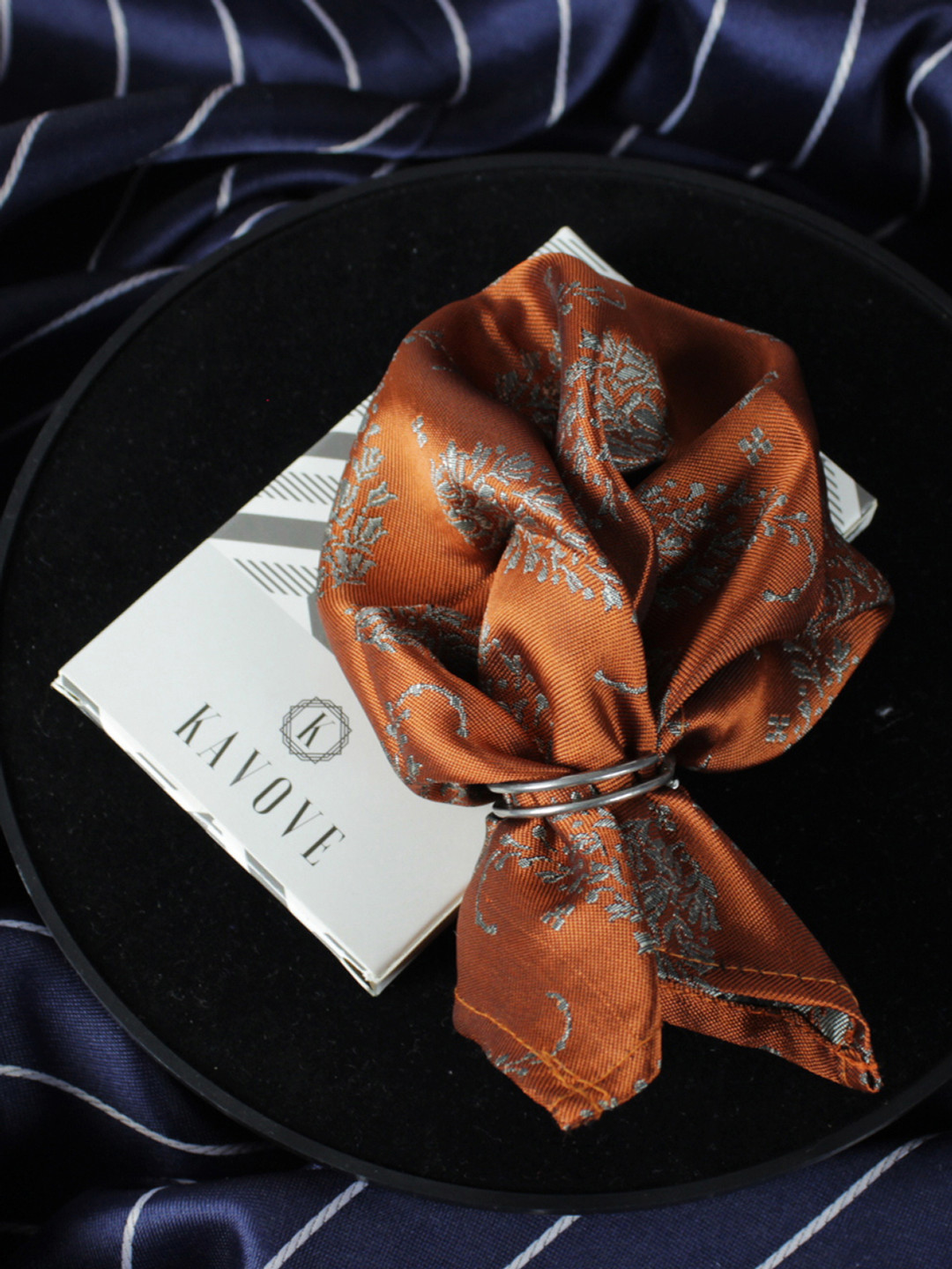 Kavove Men Orange Self-Design Pocket Square