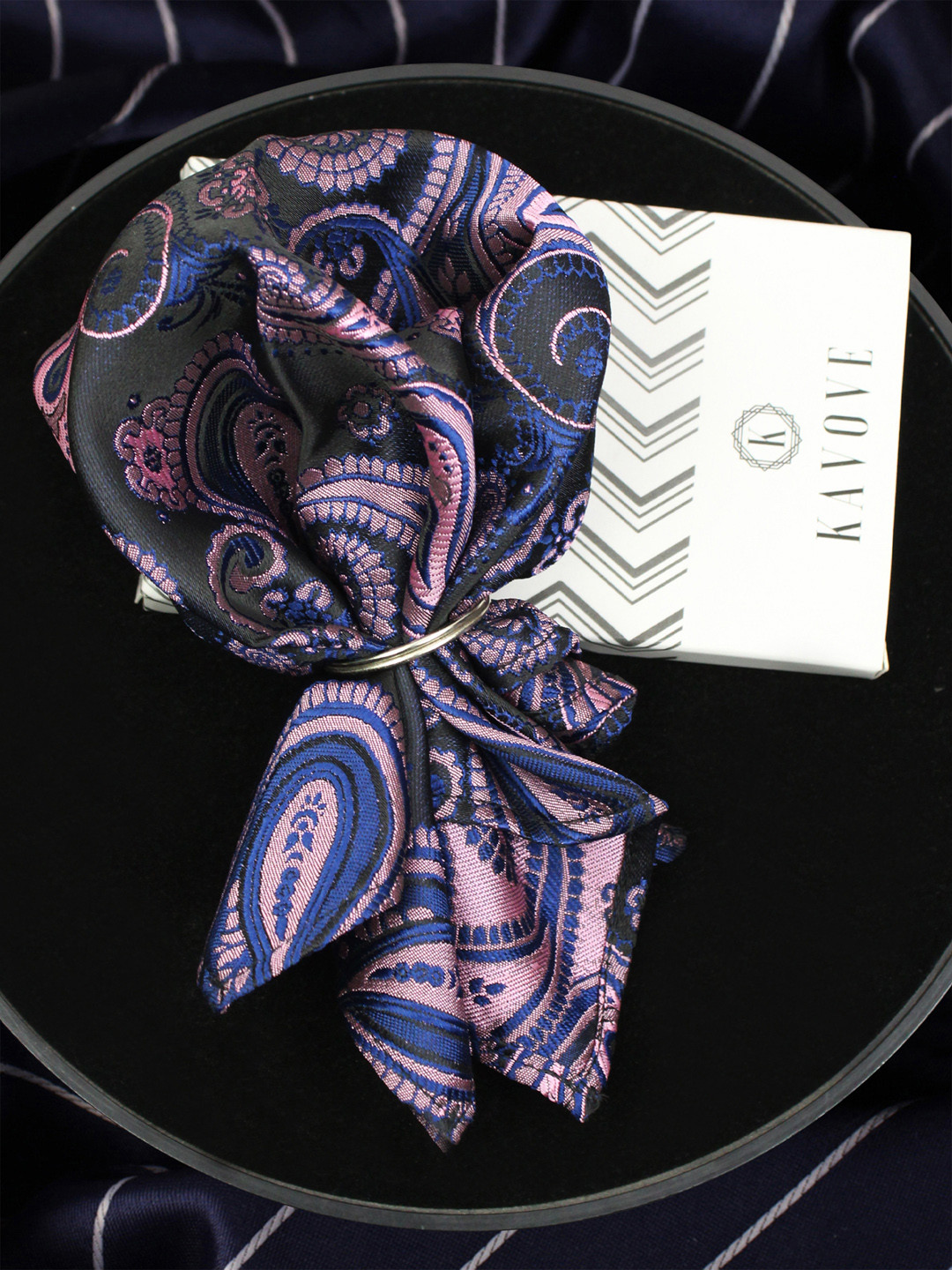 Kavove Men Black & Blue Paisley Printed Pocket Square