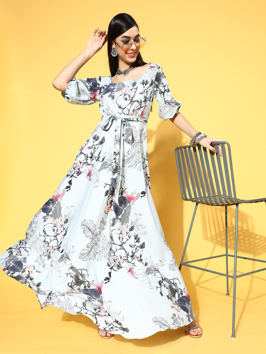 Inddus White & Charcoal Grey Floral Print Satin Maxi Dress