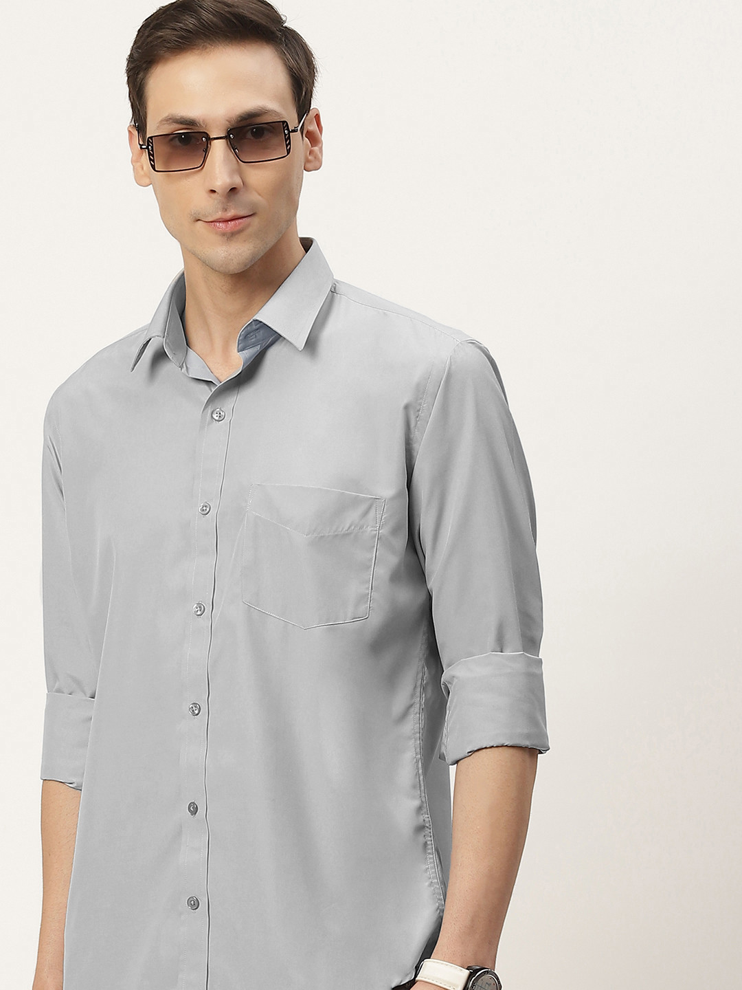English Navy Men Grey Classic Slim Fit Casual Shirt