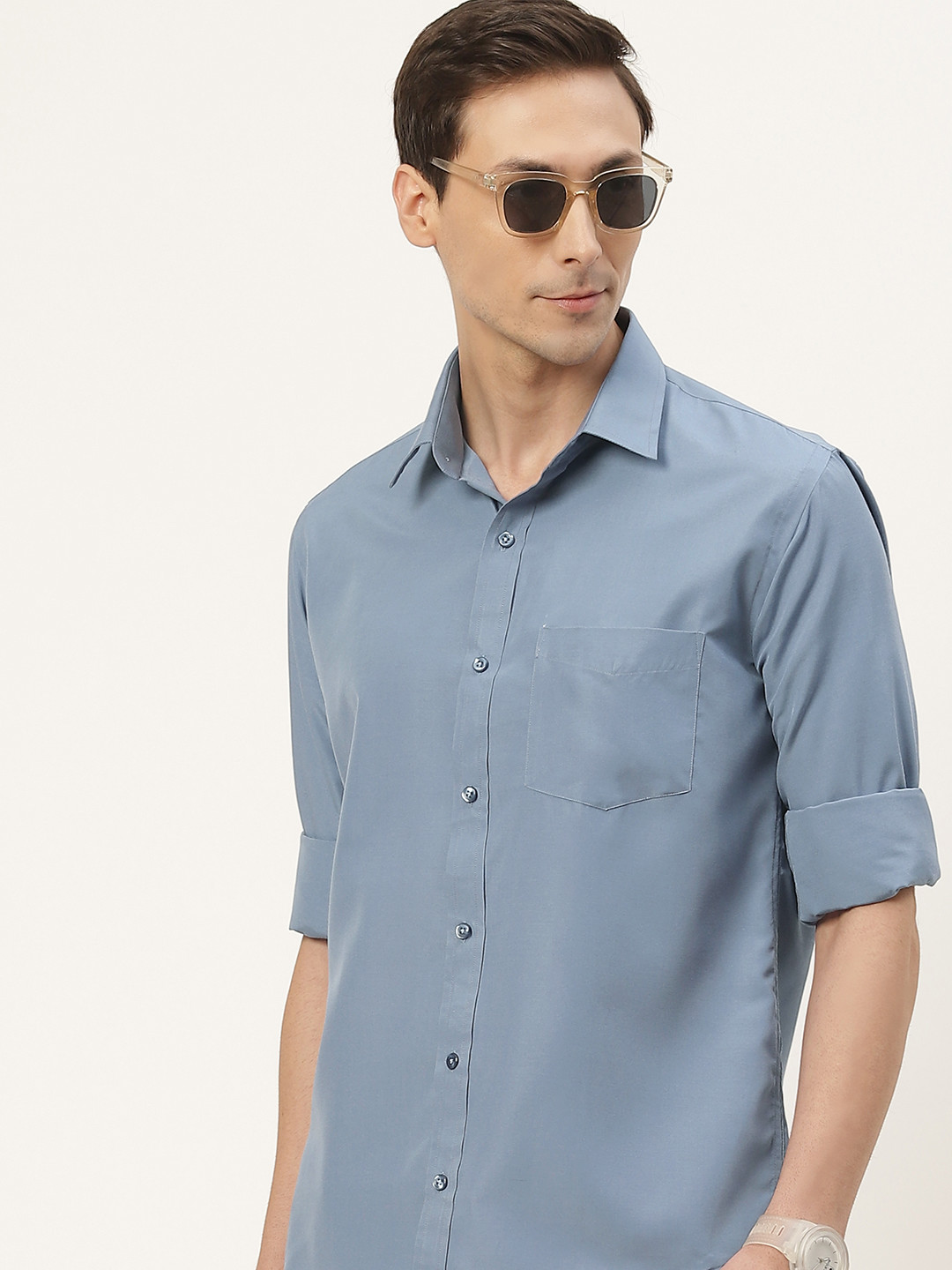English Navy Men Blue Classic Slim Fit Casual Shirt