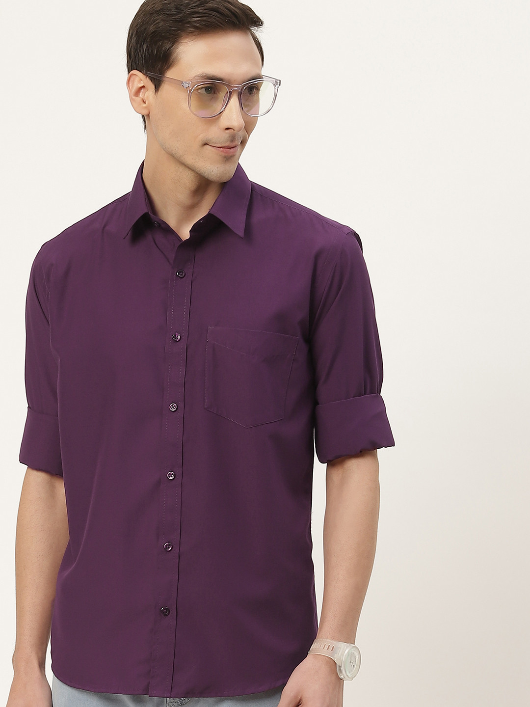 English Navy Men Purple Classic Slim Fit Casual Shirt