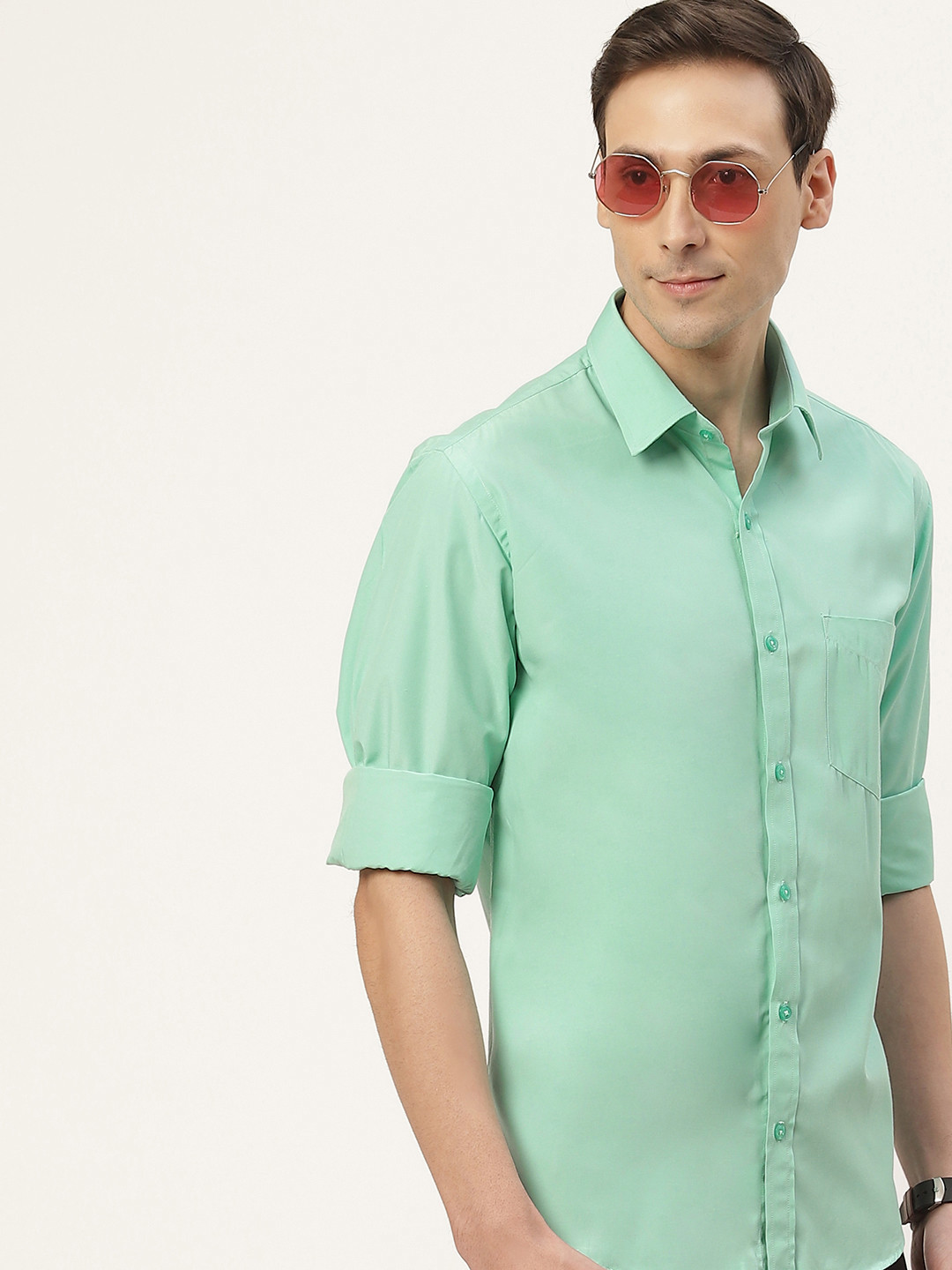 English Navy Men Sea Green Classic Slim Fit Casual Shirt