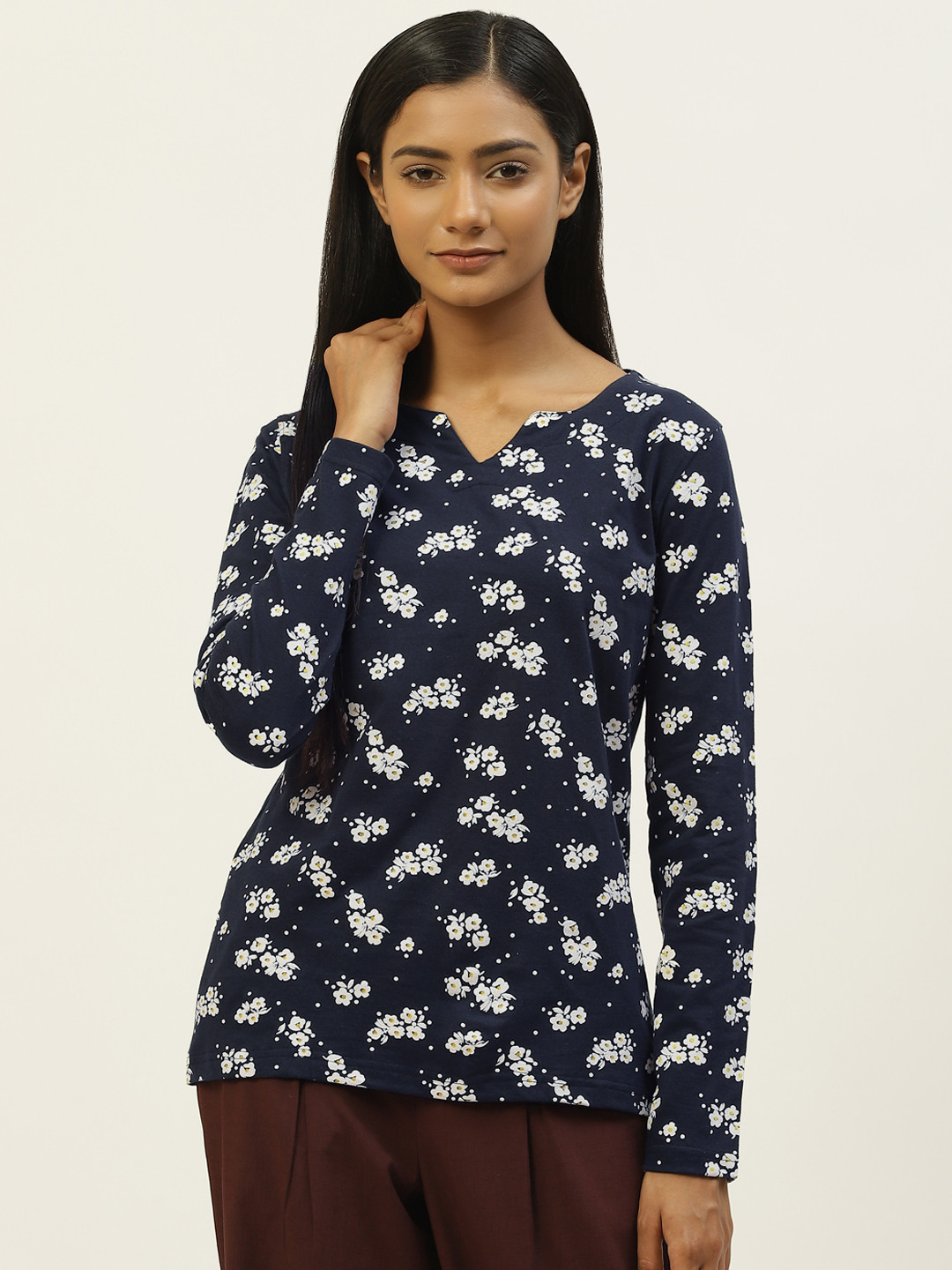 Kryptic Women Navy Blue & White Floral Printed Cotton Lounge T-Shirts