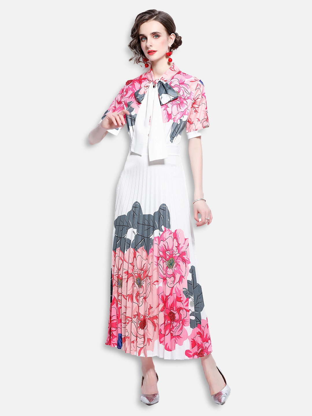 JC Collection Women White & Pink Floral Accordion Pleated Tie-Up Neck Maxi Dress