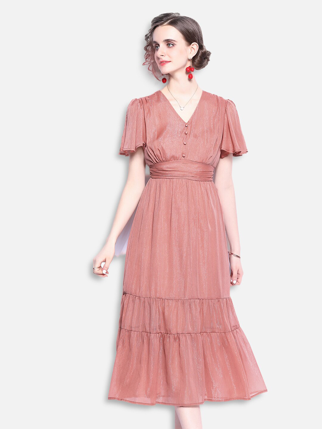 JC Collection Women Peach-Coloured Solid A-Line Midi Dress