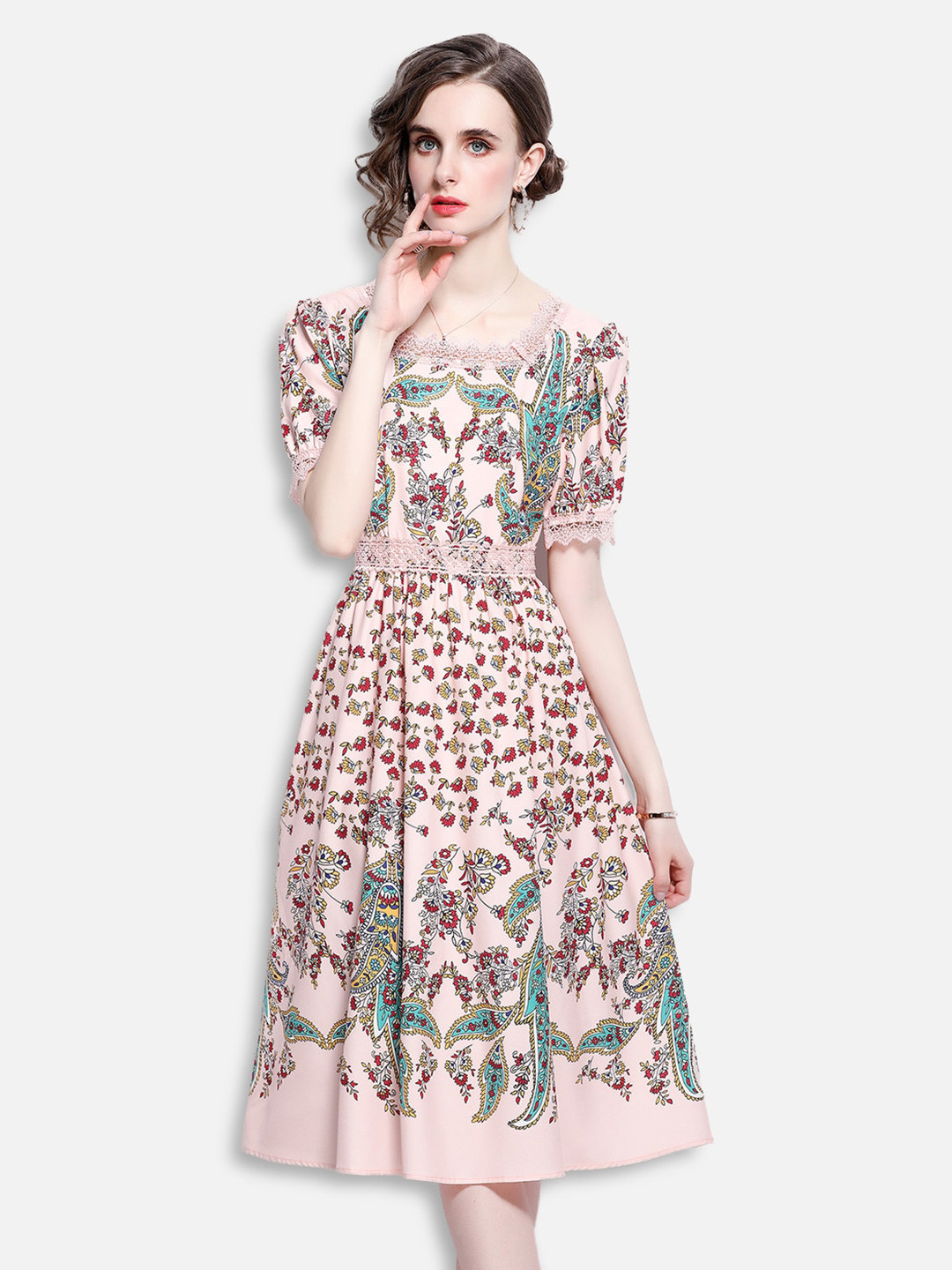 JC Collection Women Peach-Coloured & Red Floral Midi Fit & Flare Dress