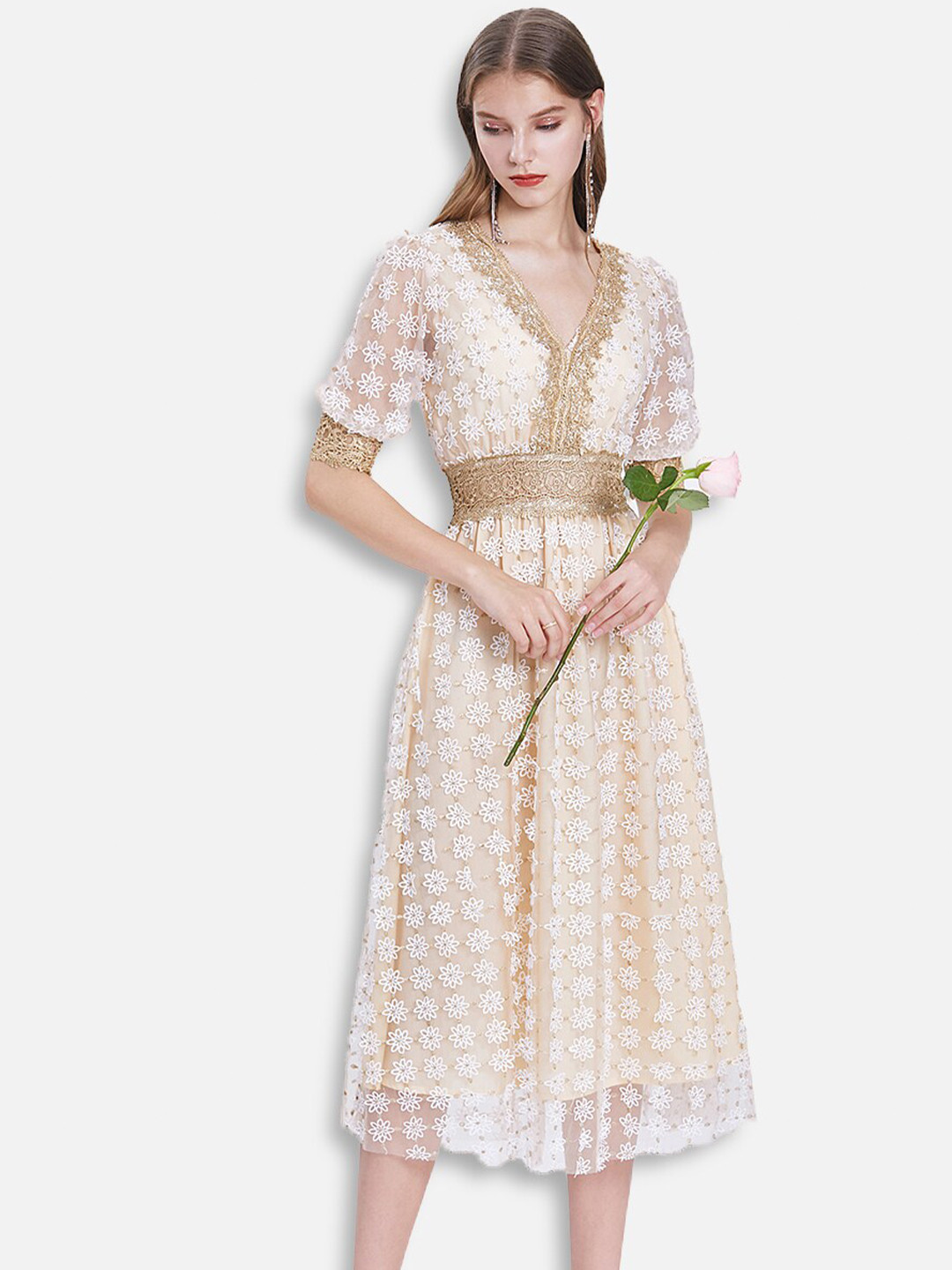 JC Collection Beige Floral Midi Dress