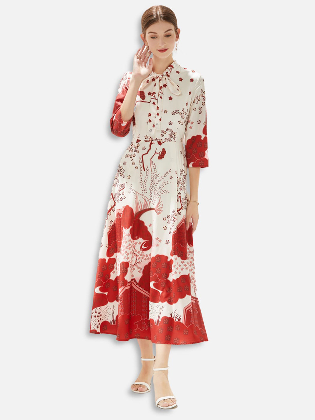 JC Collection White & Red Floral Midi Dress