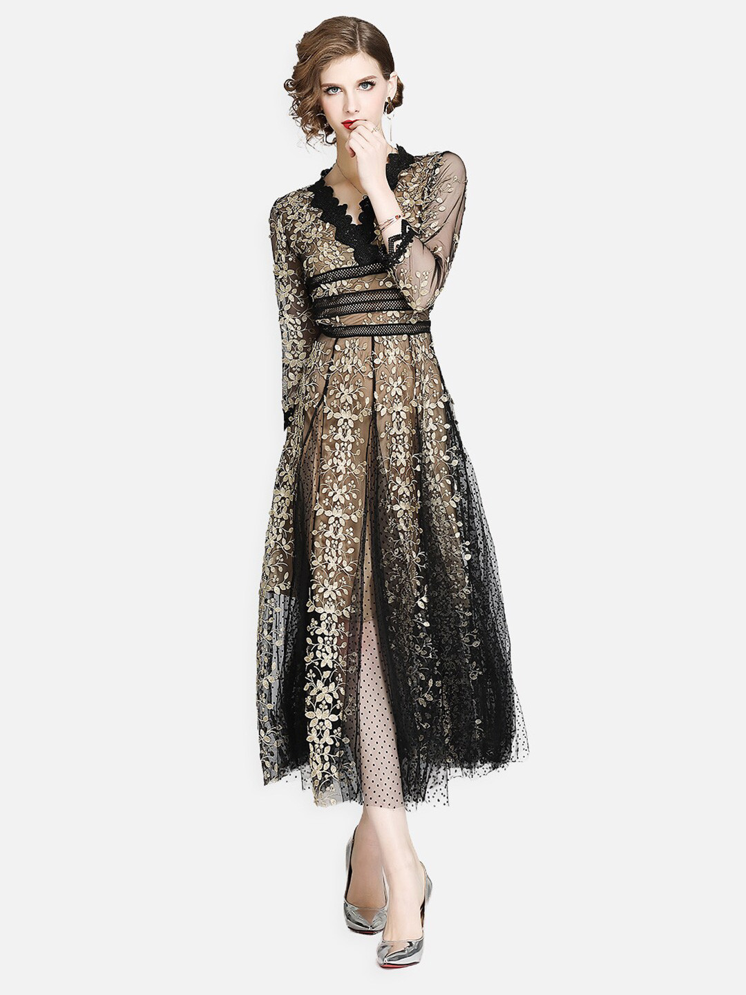 JC Collection Gold-Toned Self Design Midi Dress