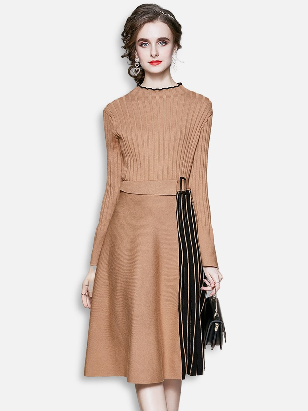 JC Collection Camel Brown Striped Dress