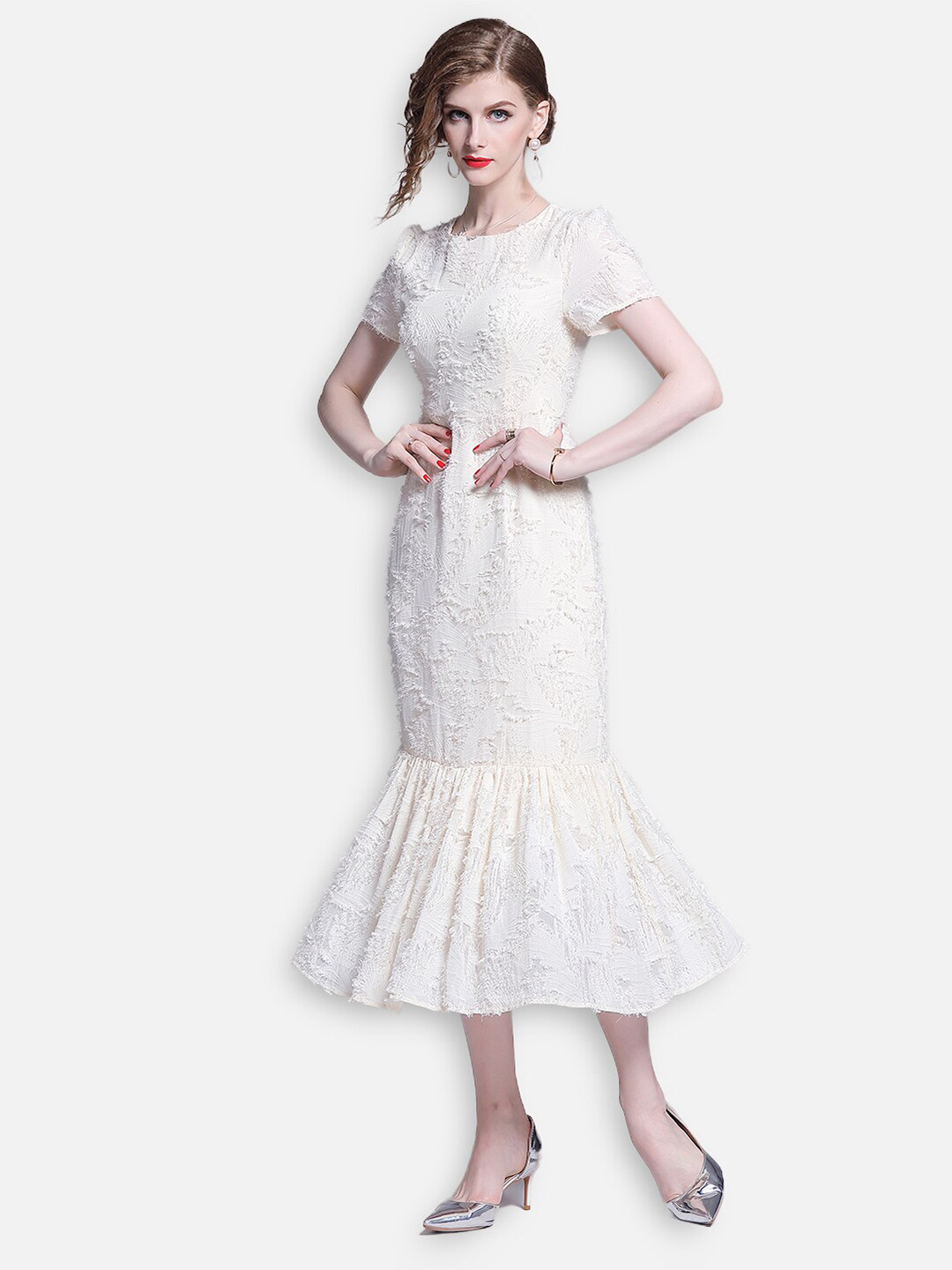 JC Collection Beige Self Design Midi Dress