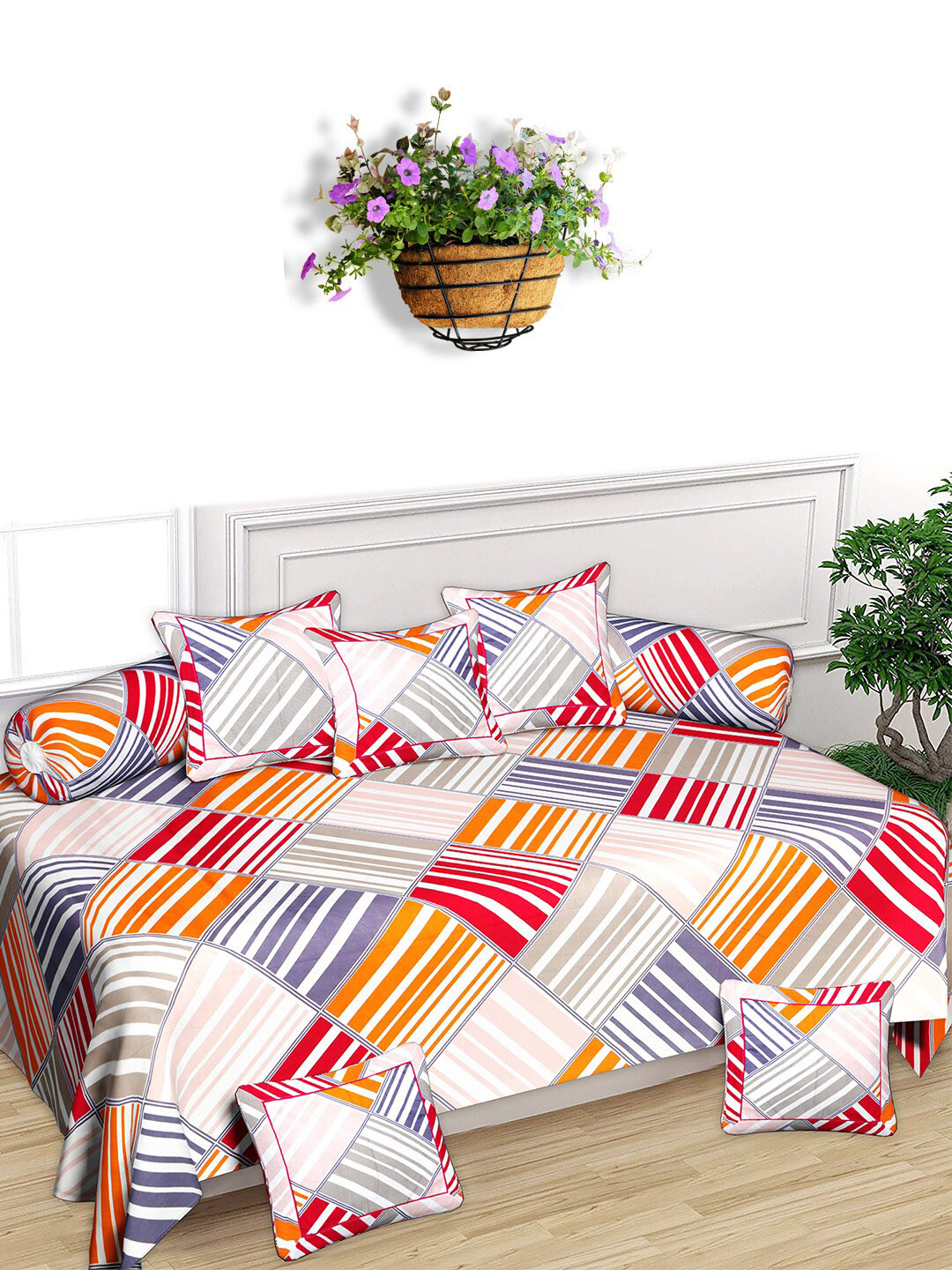 Kuber Industries 8 Pieces White & Pink Printed Pure Cotton Diwan Set