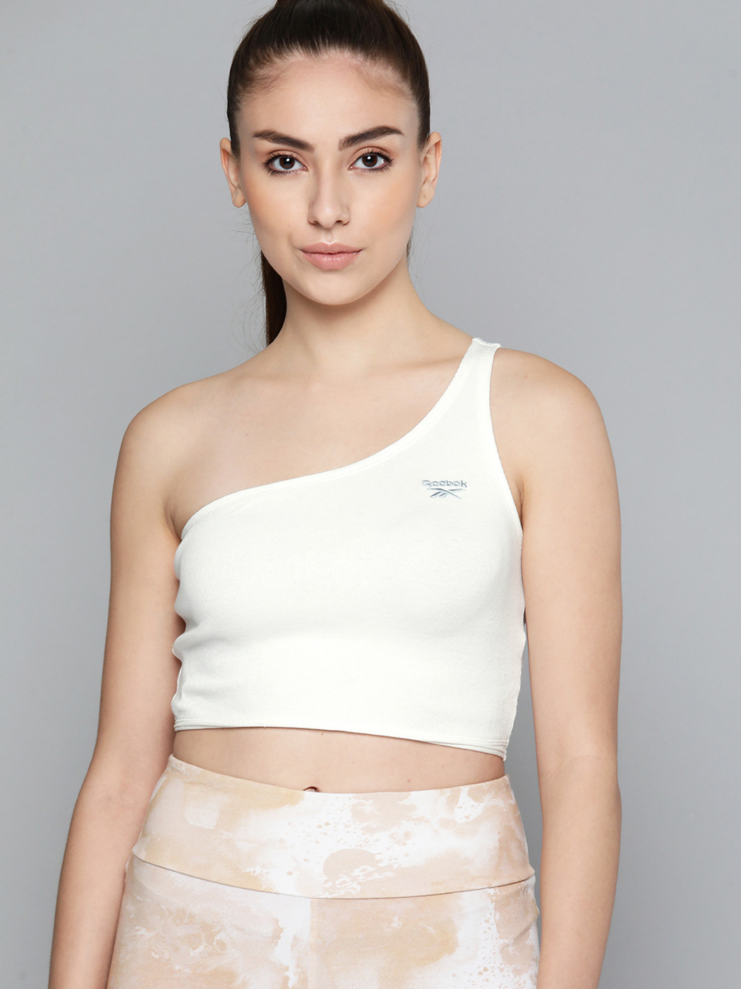 Reebok Classic Women White Wide Ribbed Solid One-Shoulder Cropped Athelisure Top