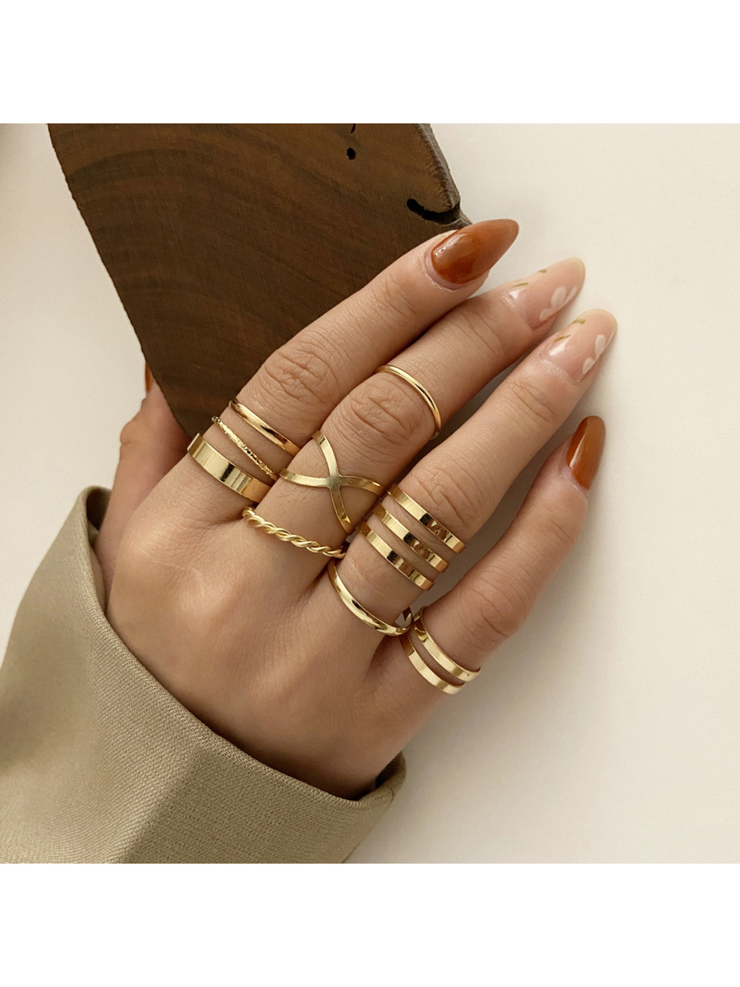 Vembley Set Of 8 Gold-Plated & CZ Stone- Studded Finger Rings