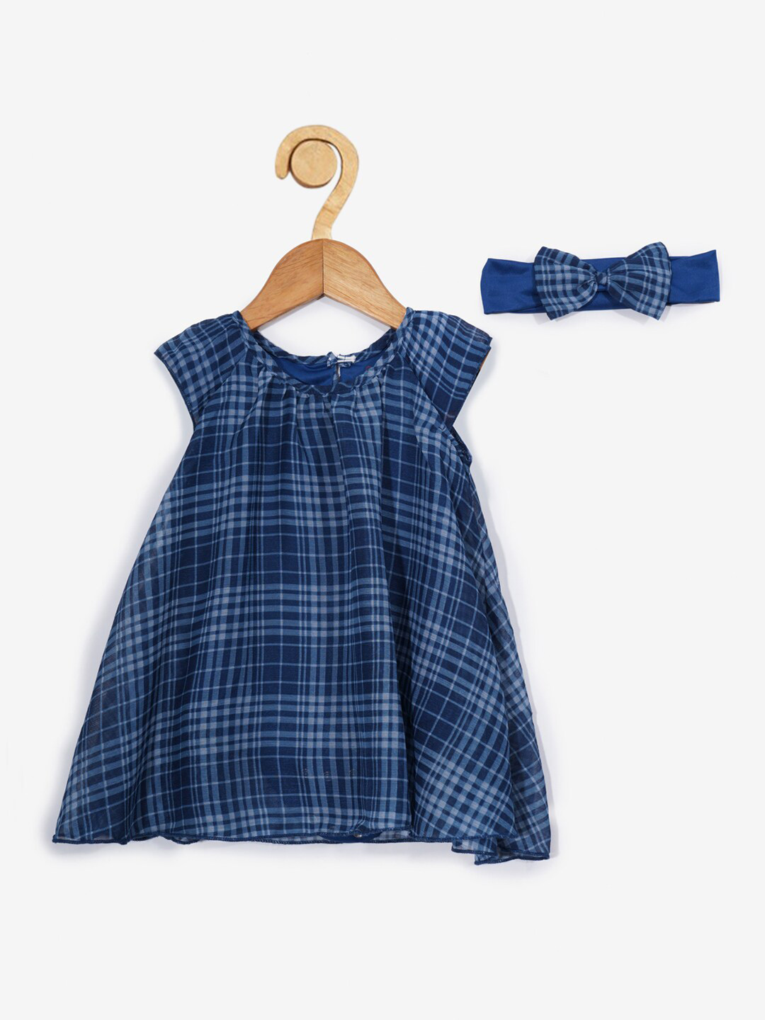 Creative Kids Blue Checked A-Line Dress with Hairband