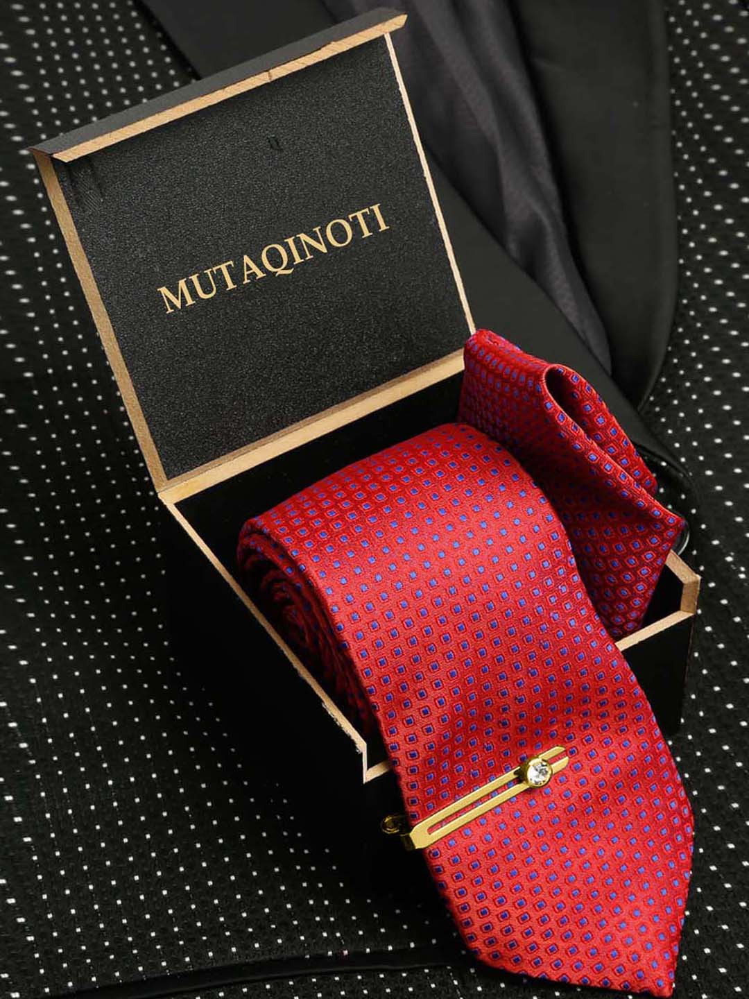 MUTAQINOTI Men Woven Design Silk Formal Accessory Gift set
