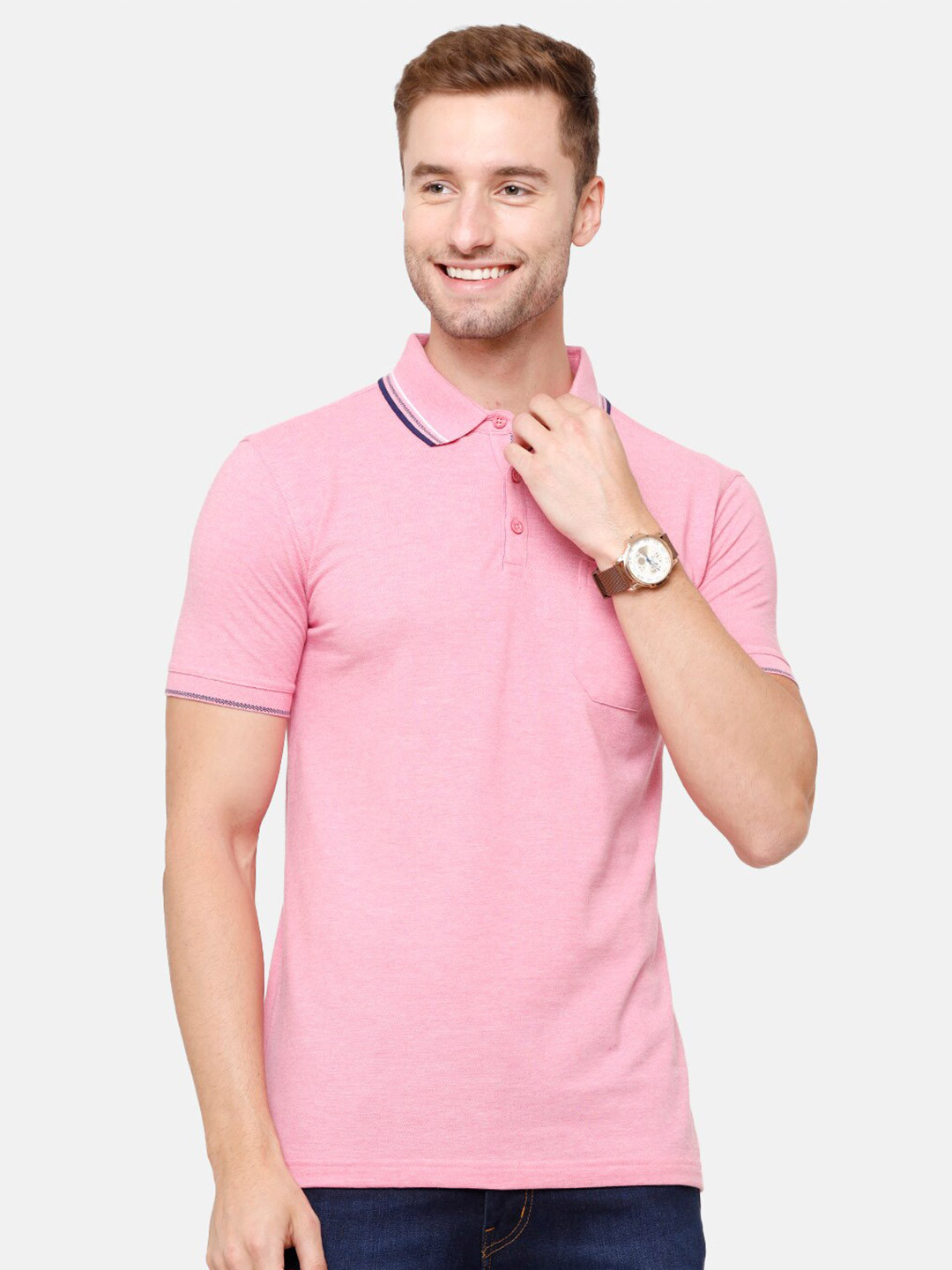 Classic Polo Men Pink Polo Collar Pockets Slim Fit T-shirt