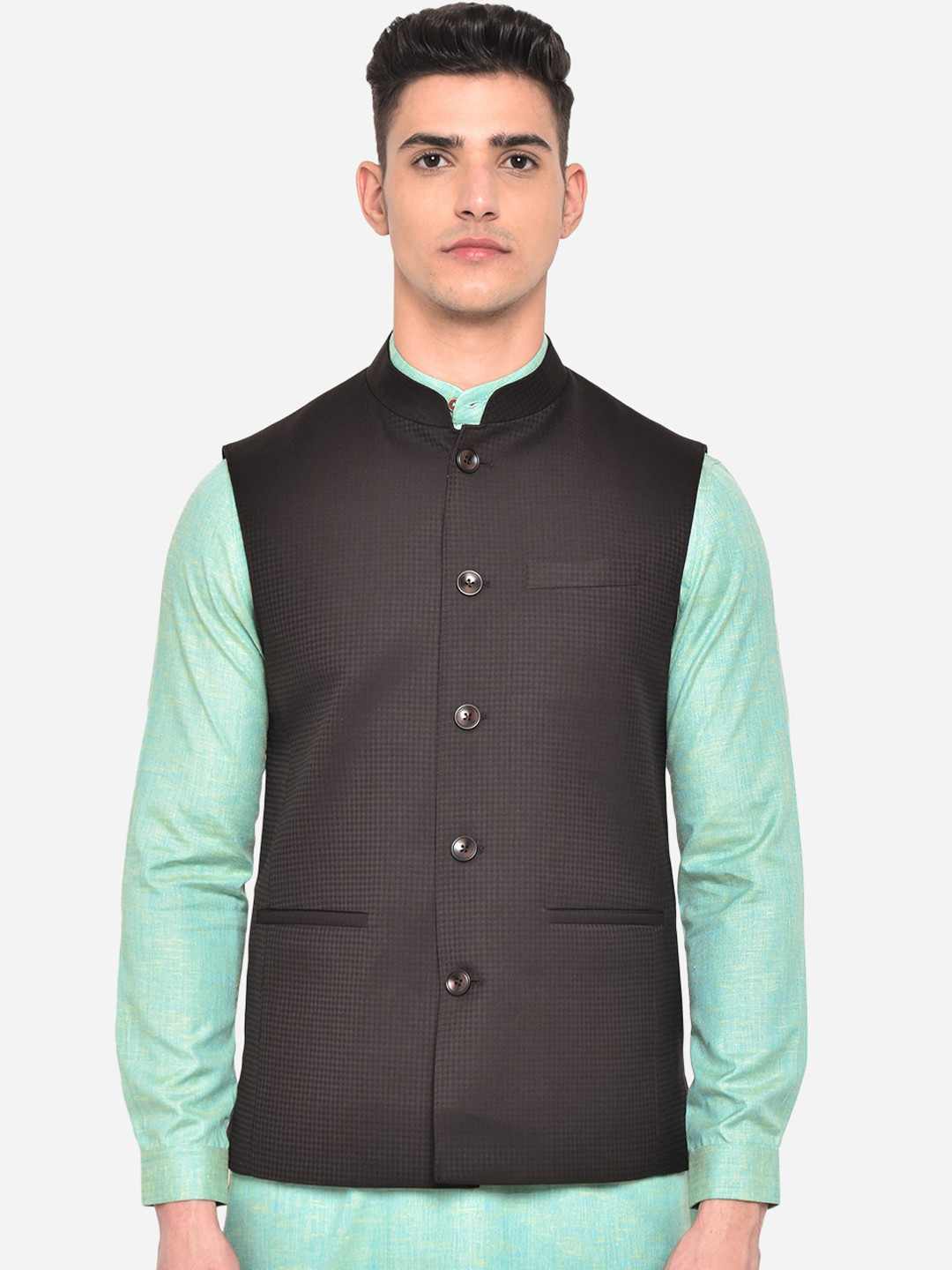JADE BLUE Men Brown Checked Woven Nehru Jacket