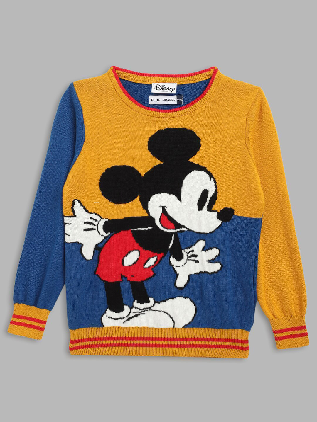 Blue Giraffe Boys Yellow & Blue Mickey Mouse Printed Pure Cotton Pullover