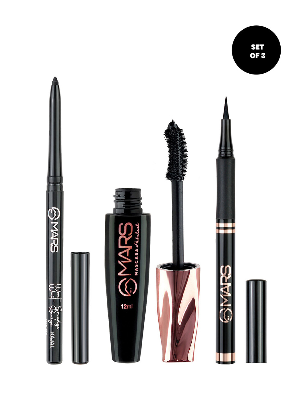 MARS Set of 3 Black Mascara with Ultra Fine Tip Smudge Proof Eyeliner & Kajal