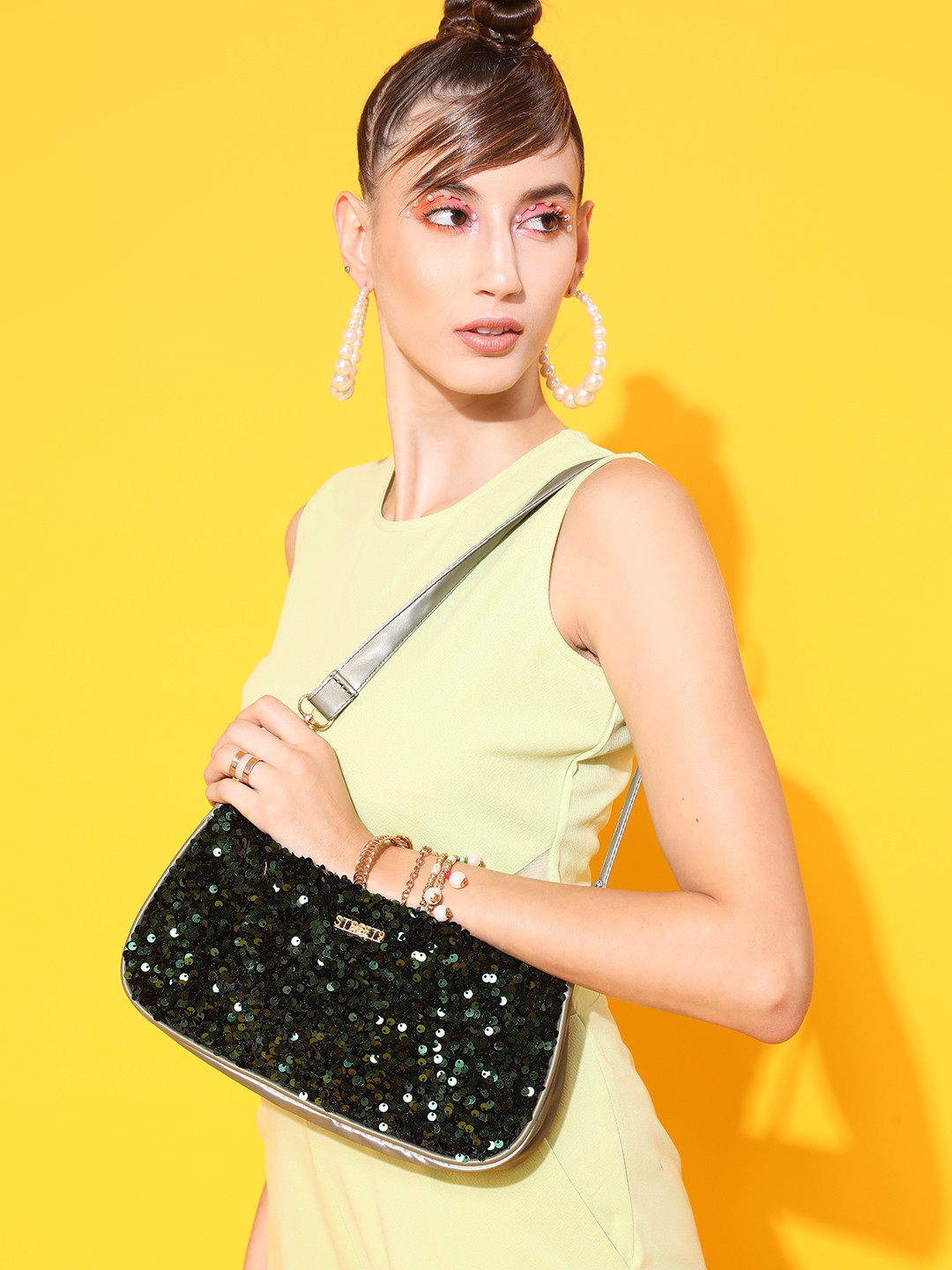 STREET 9 Green Embellished Sequined  PU Structured Shoulder Bag