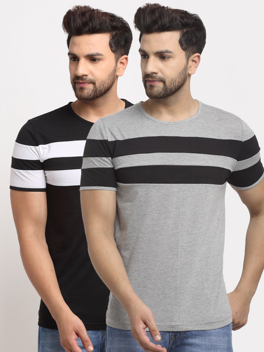 VIMAL JONNEY Men Grey   Black 2 Striped Cotton T shirts
