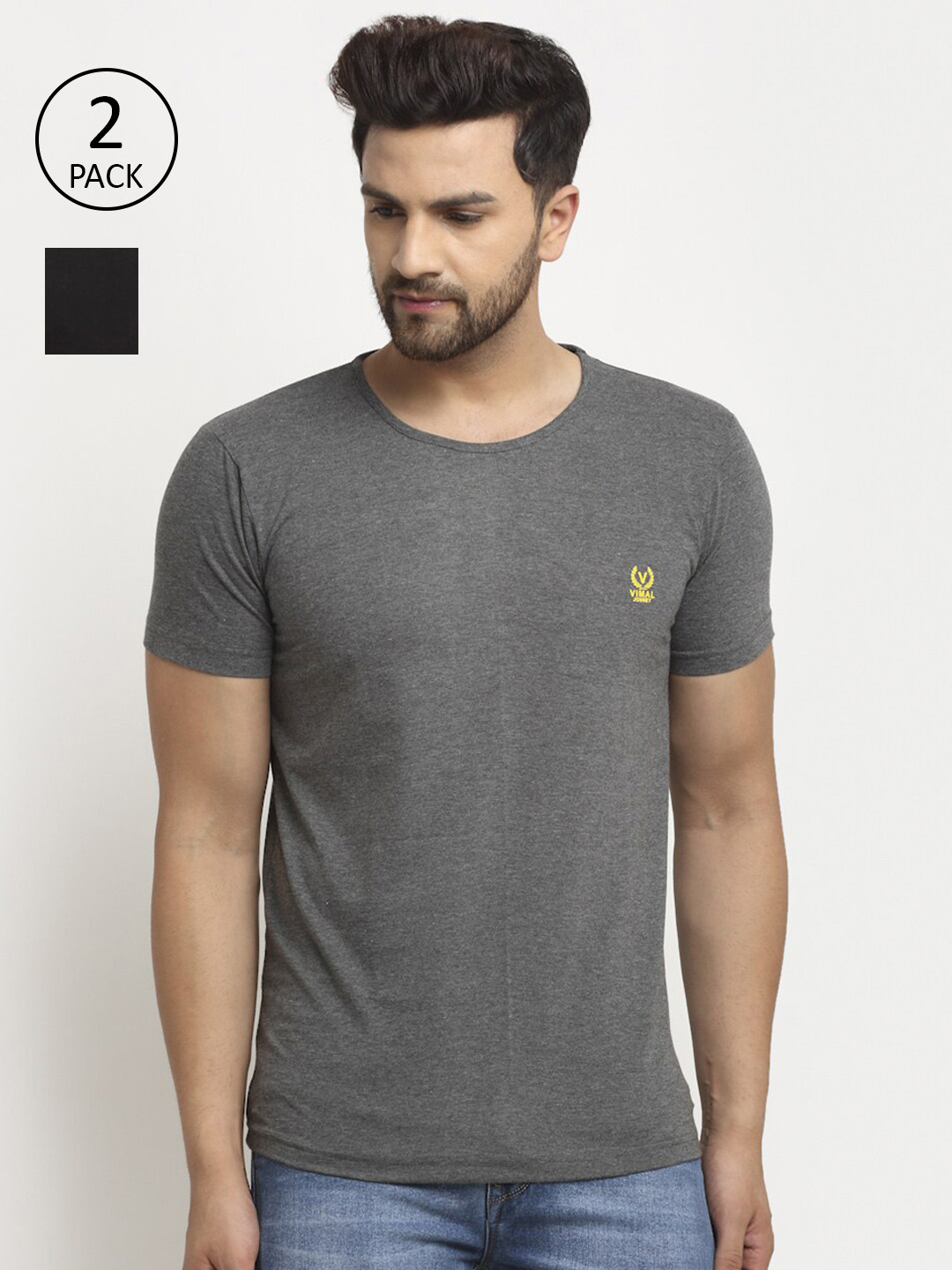 MACK JONNEY Men Pack of 2 Grey & Black T-shirts