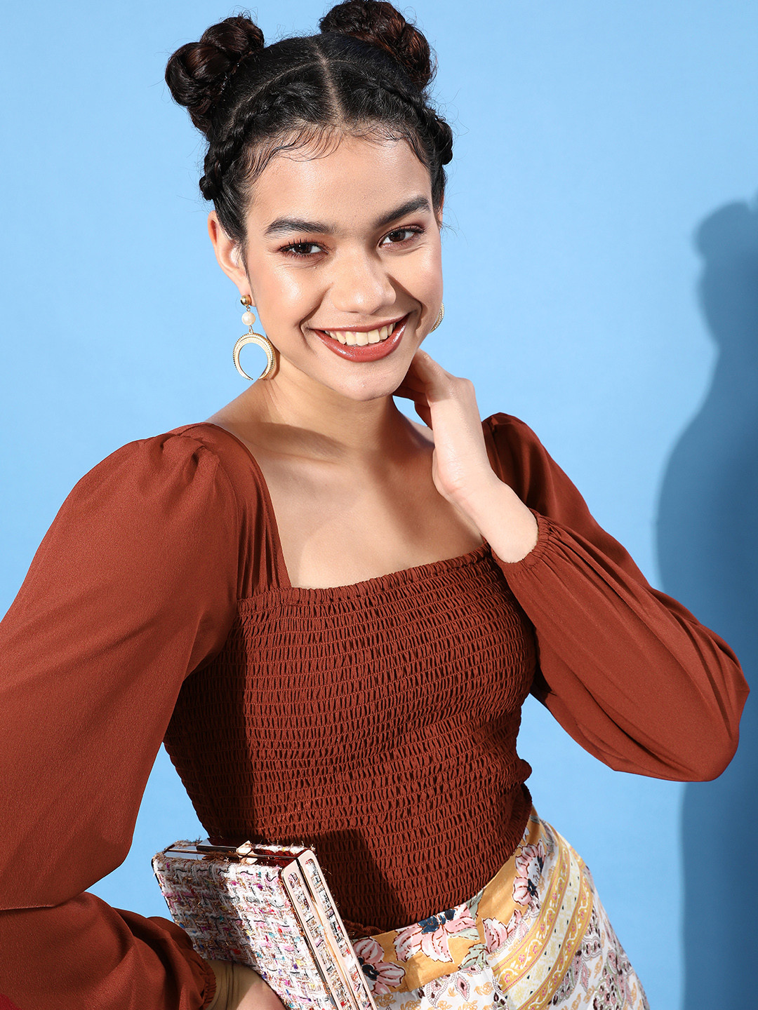 DressBerry Women Gorgeous Red Self-Design Smocked Volume Play Top