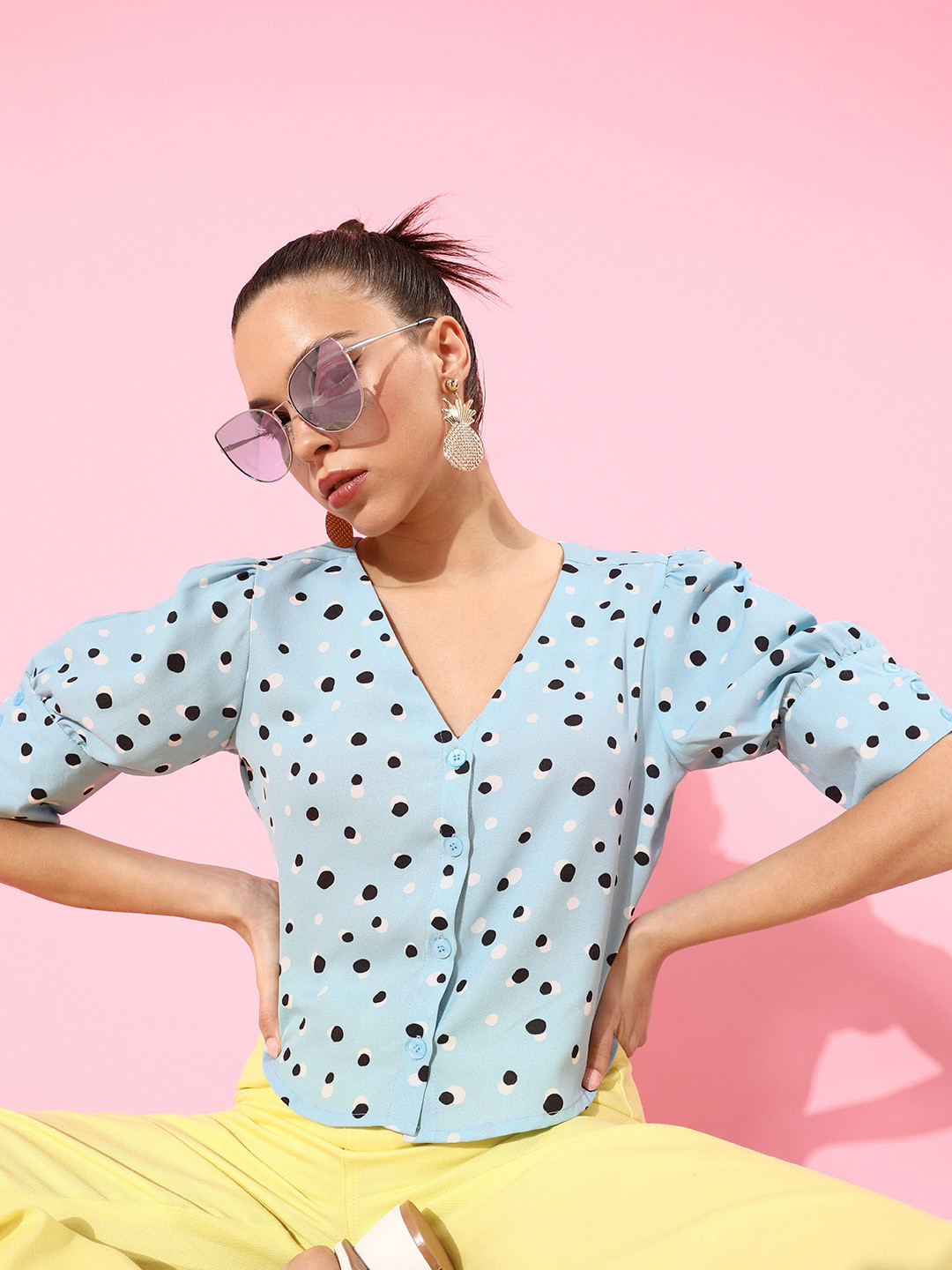 DressBerry Women Stunning Blue Polka-Dotted Volume Play Top