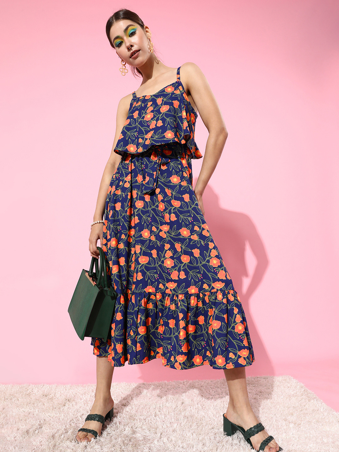 DressBerry Women Deep Navy Blue Floral Sun Dress