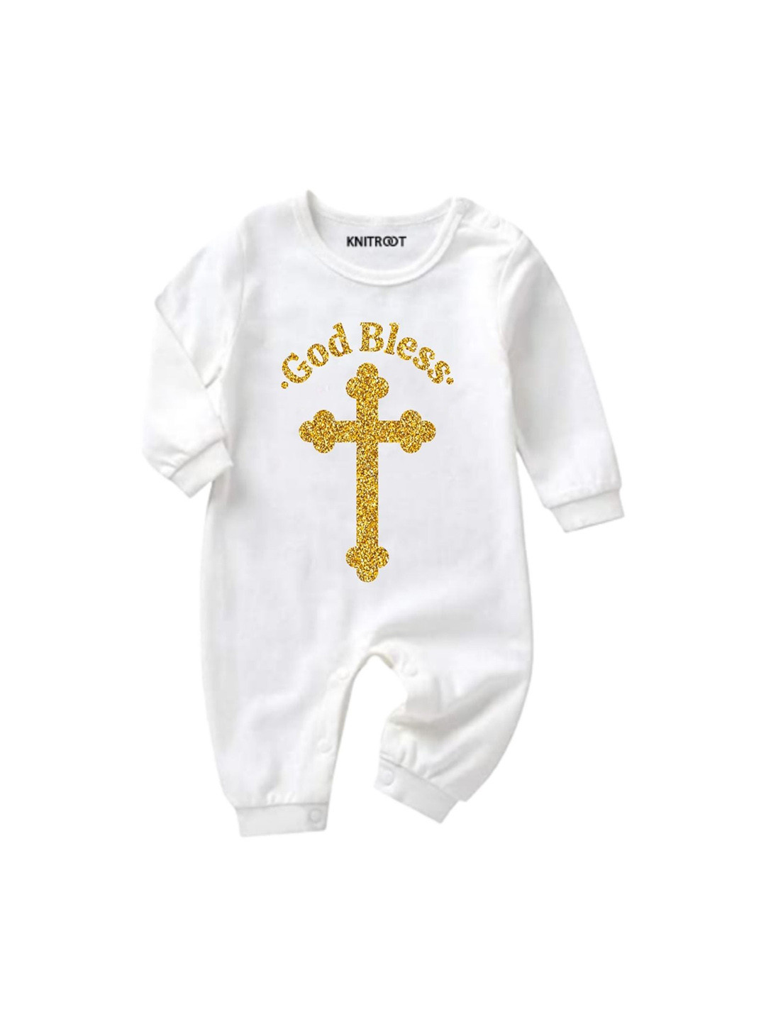 KNITROOT Infants White & Gold Toned God Bless Print Cotton Rompers