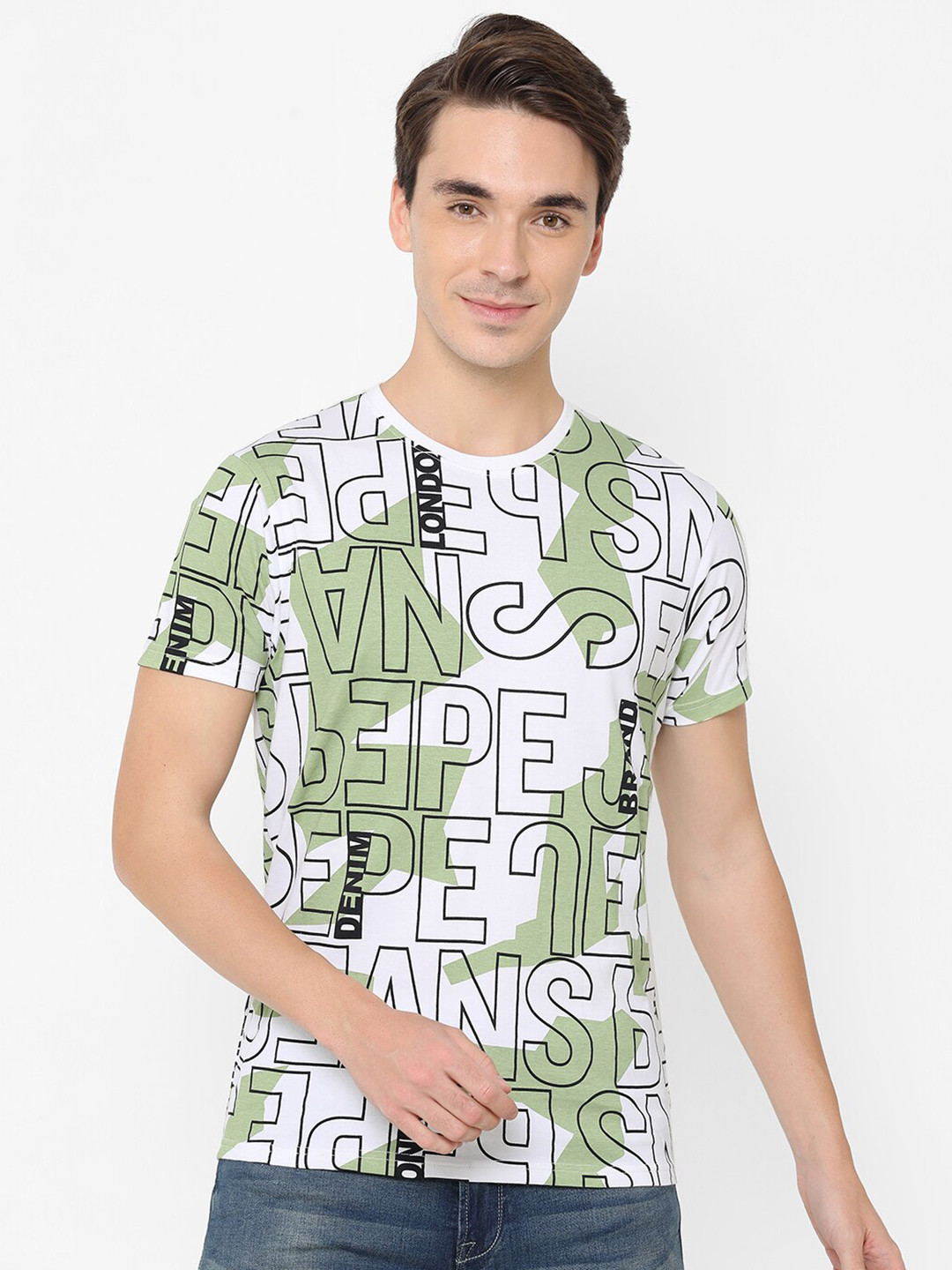 Pepe Jeans Men Olive Green & Black Brand Logo Printed Slim Fit Pure Cotton T-shirt