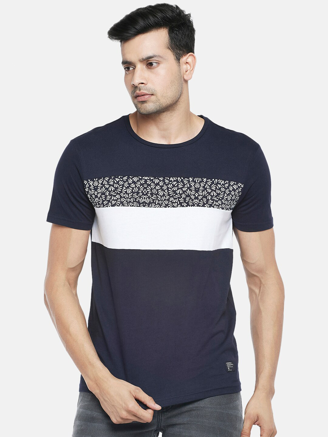People Men Navy Blue & White Colourblocked Pure Cotton T-shirt