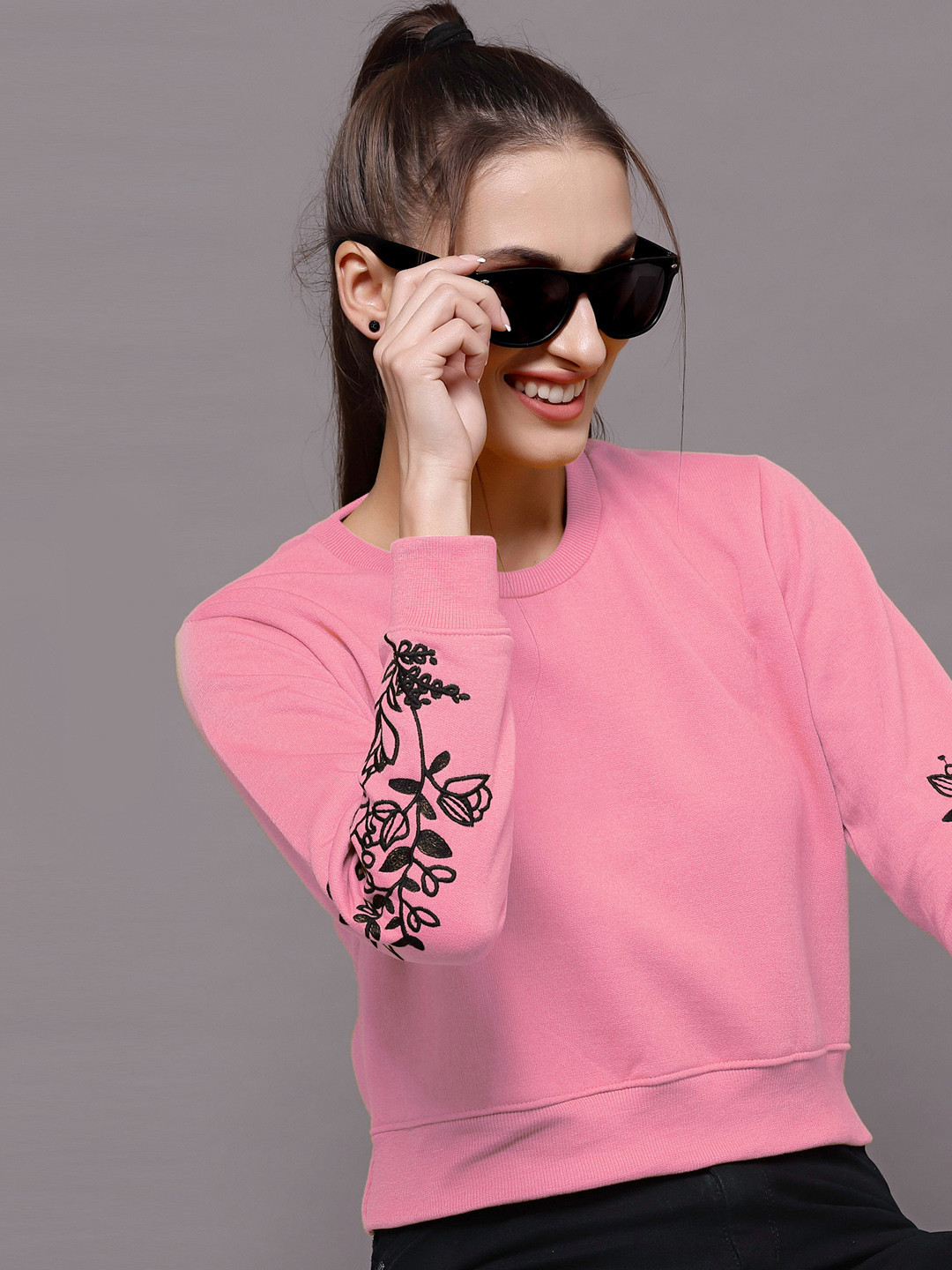 Selvia Women Pink Embroidered Sweatshirt