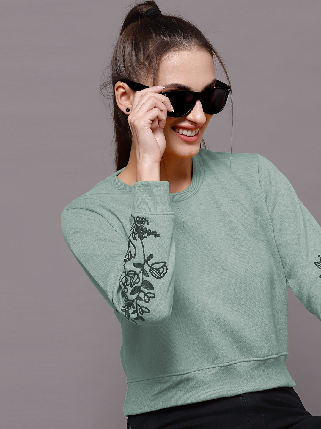 Selvia Women Green Cotton Fleece Blend Sweatshirt