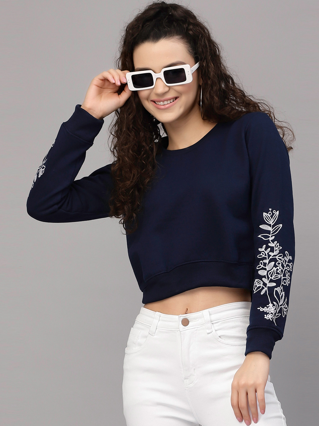 Selvia Women Navy Blue Embroidered Sweatshirt